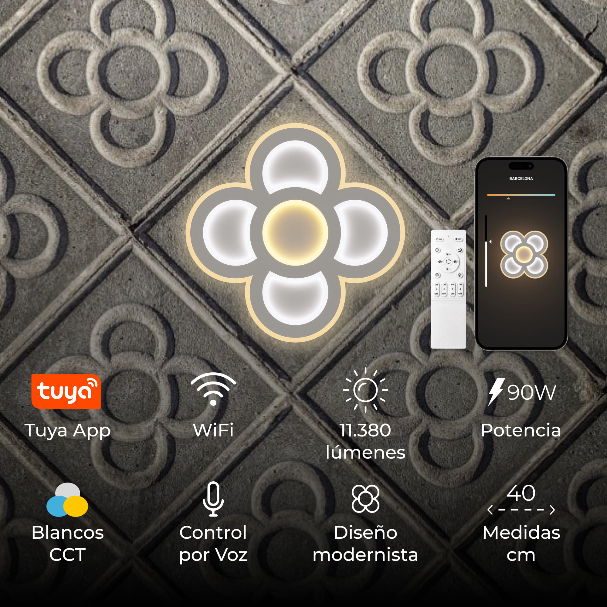 Luz de techo decorativa con diseño de flor, un smartphone e iconos de funciones.