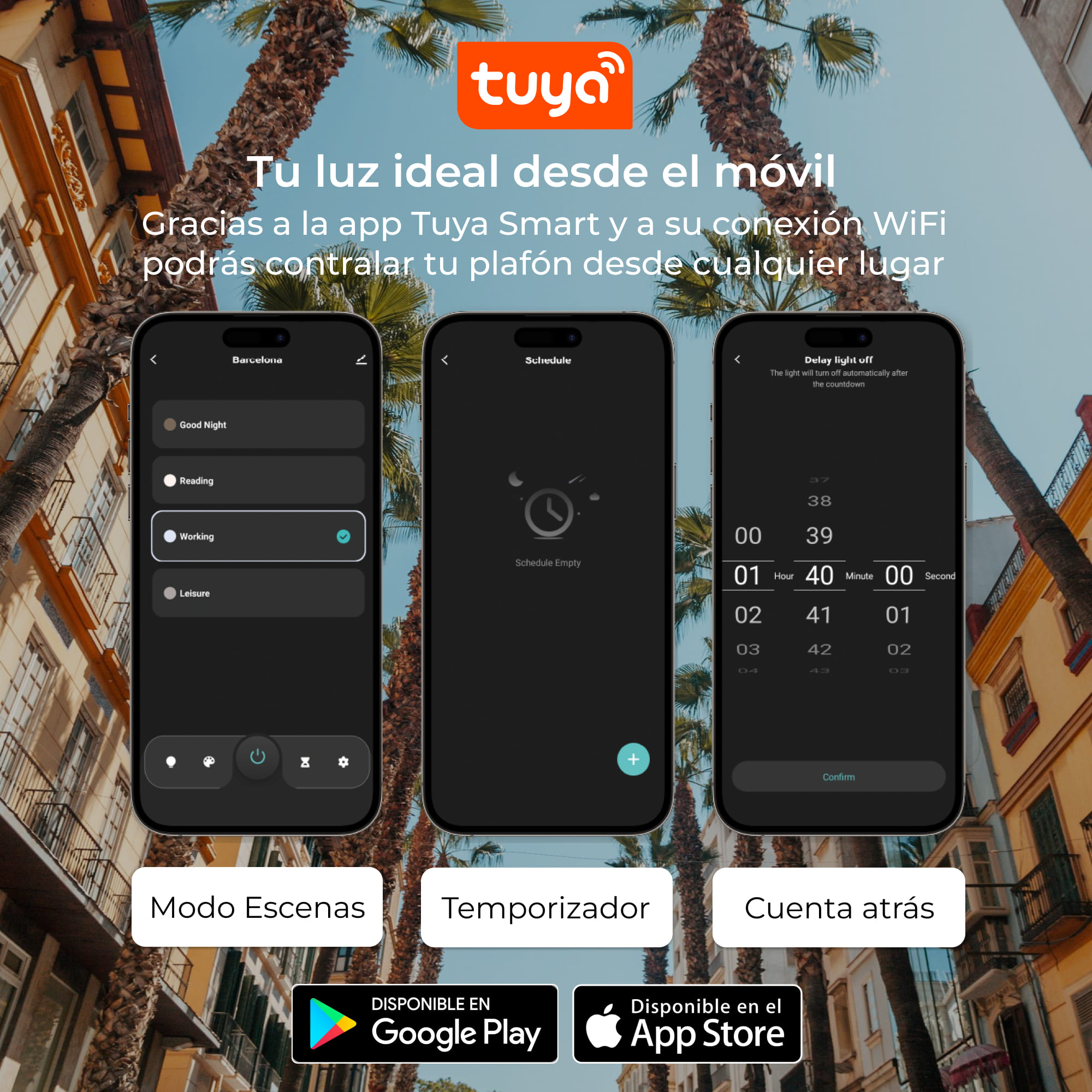 Tres pantallas de teléfonos móviles, mostrando la app de hogar inteligente. Controla luces.
