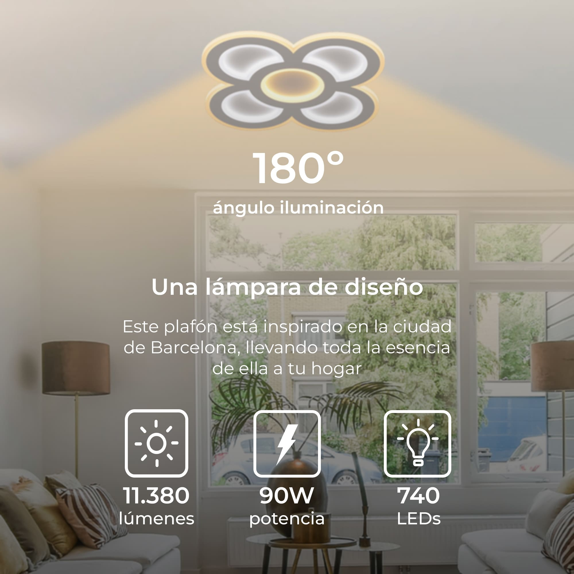Una lámpara de techo, diseño floral, proporciona 180° de iluminación, 90W y 740 LEDs.