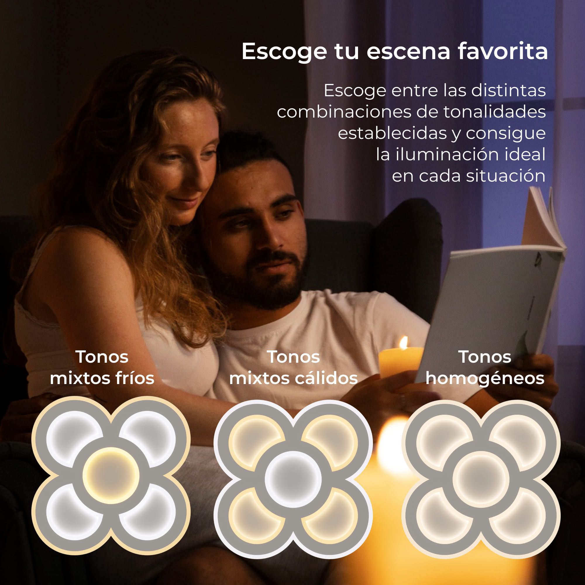 Pareja leyendo con vela, con tres opciones de luz: tonos fríos, cálidos y homogéneos.