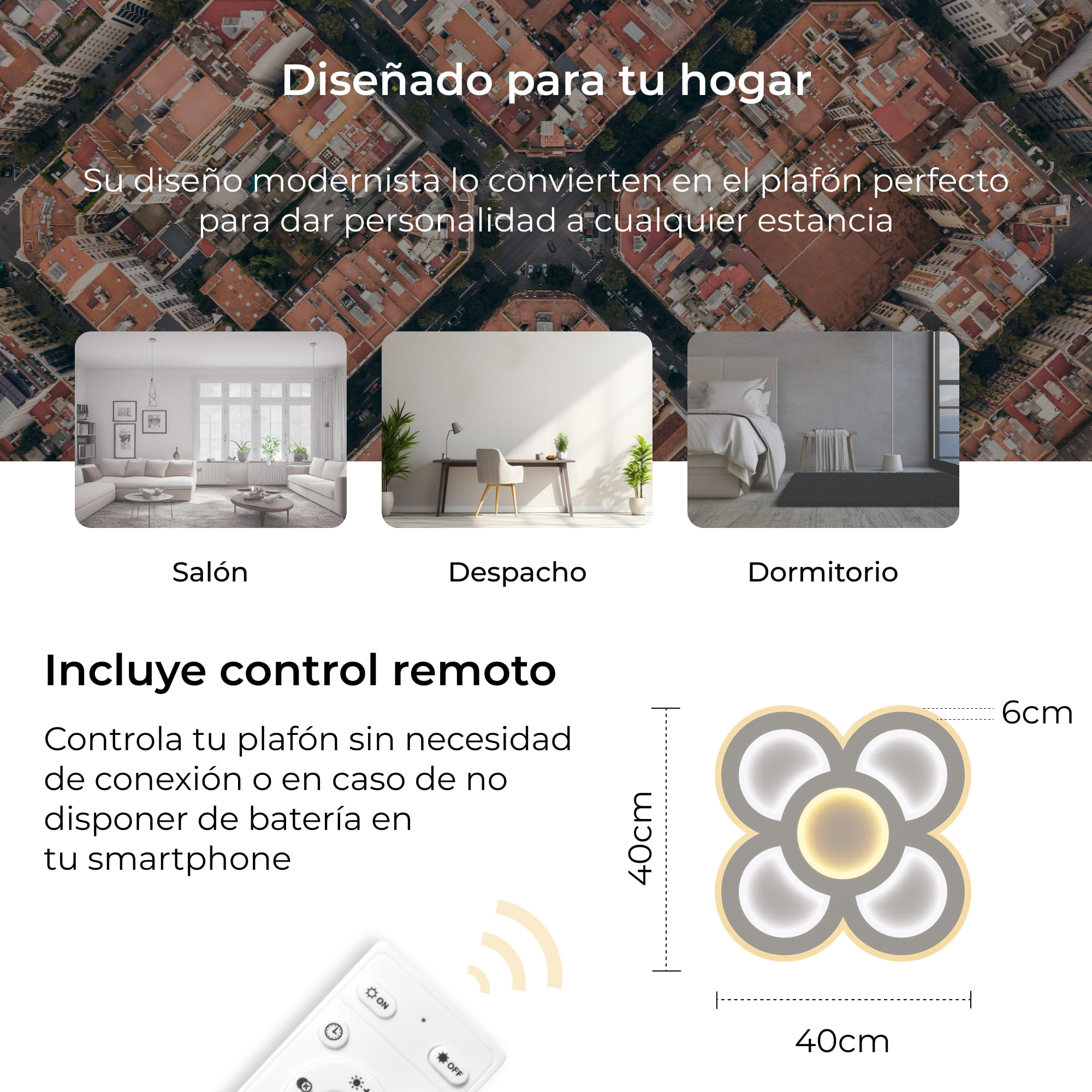 Imagen muestra una lámpara de techo con cuatro pétalos. La luz está sobre imágenes de sala, despacho y dormitorio.