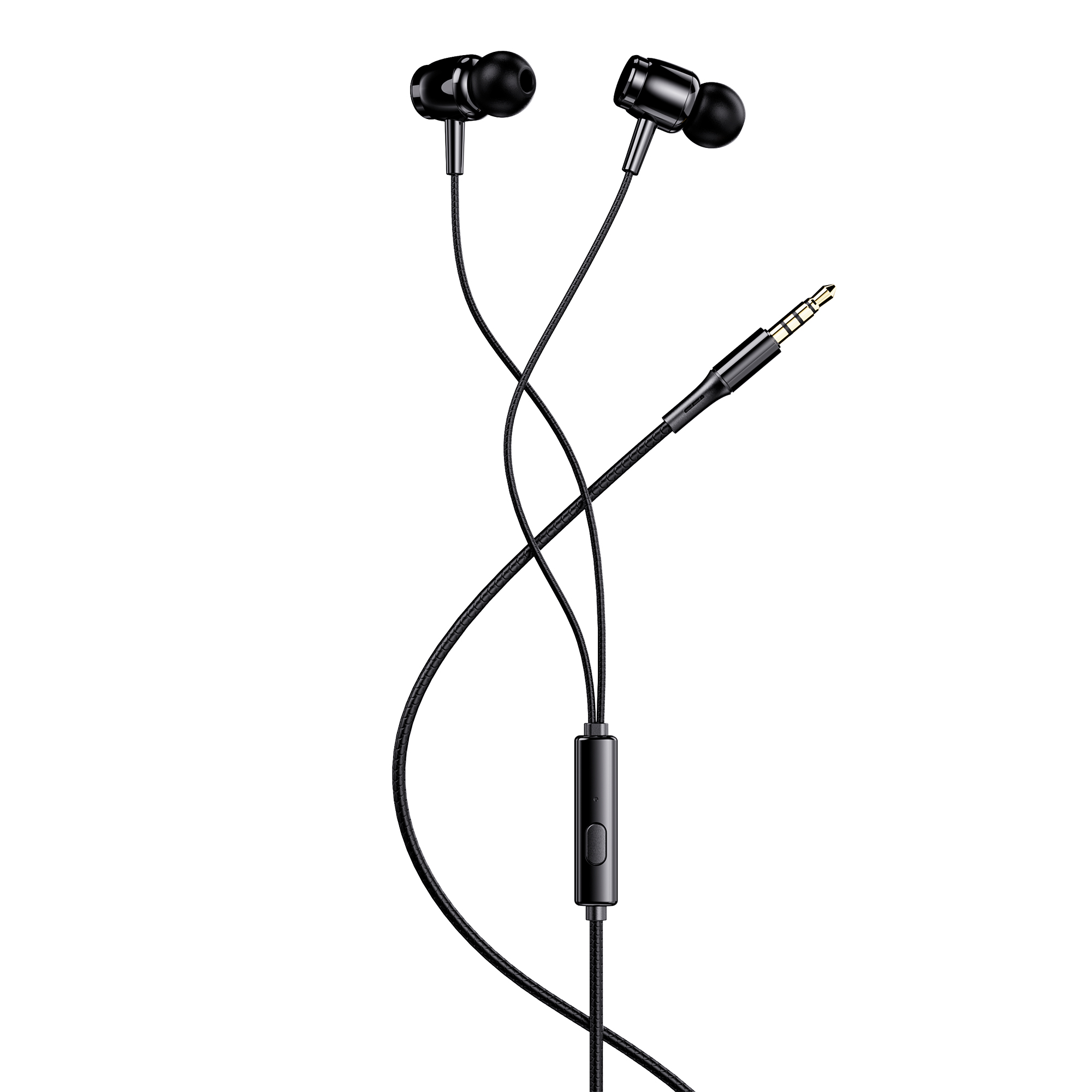 Auriculares internos negros con micrófono y control remoto. El cable es negro, con clavija dorada.