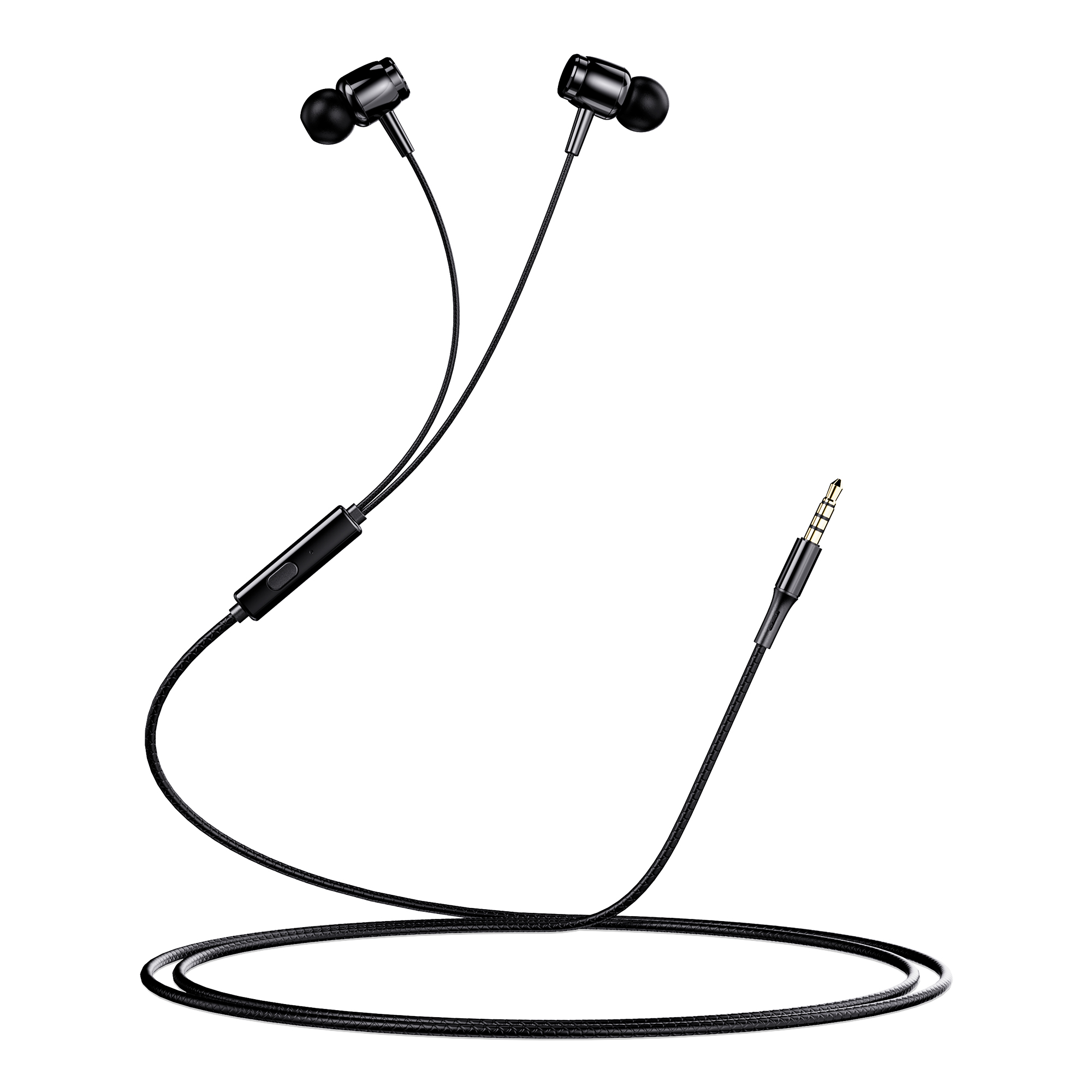 Auriculares internos negros con botón de control y conector de 3,5 mm.