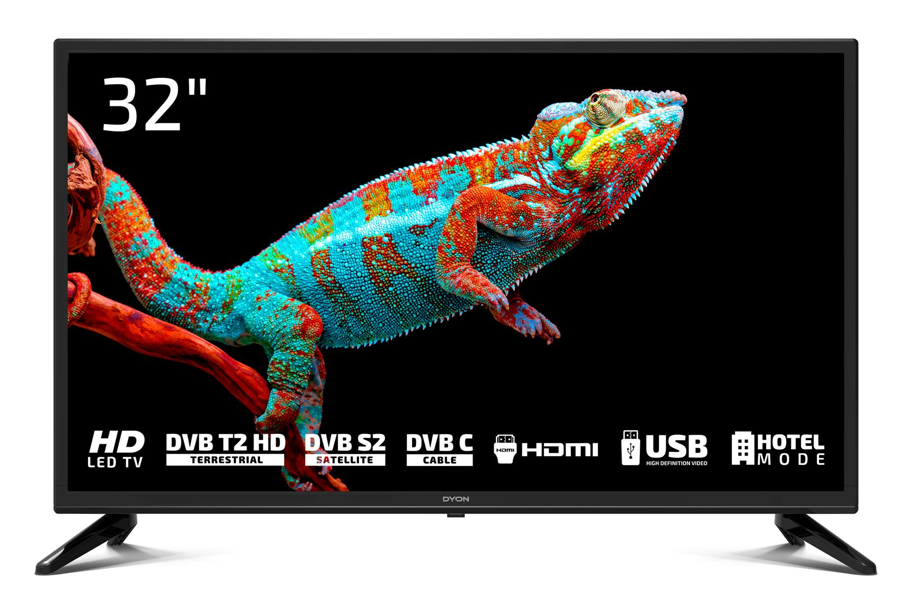Telewizor 32-calowy wyświetlający kameleona na gałęzi, z logo HD, HDMI i USB, na białym tle.