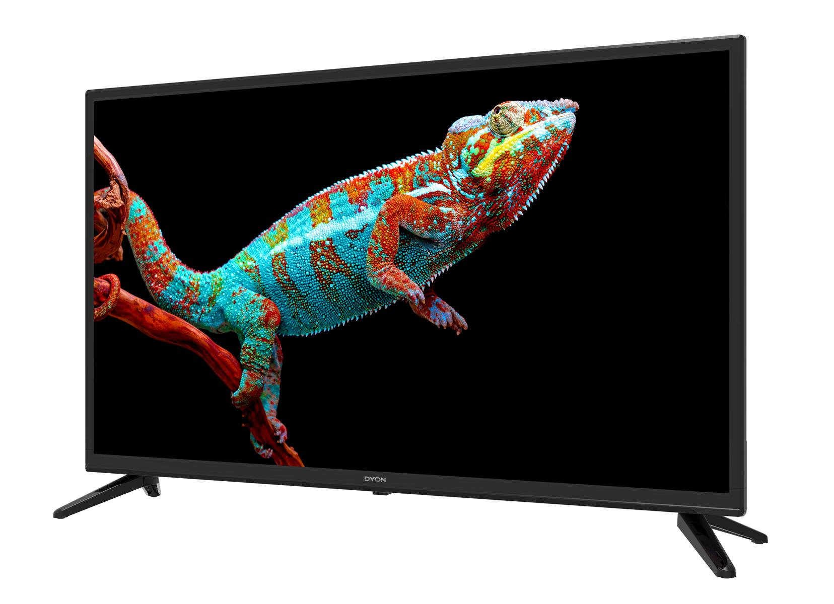 Telewizor z płaskim ekranem wyświetlający kolorowego kameleona. Telewizor ma czarne nogi i ramę.