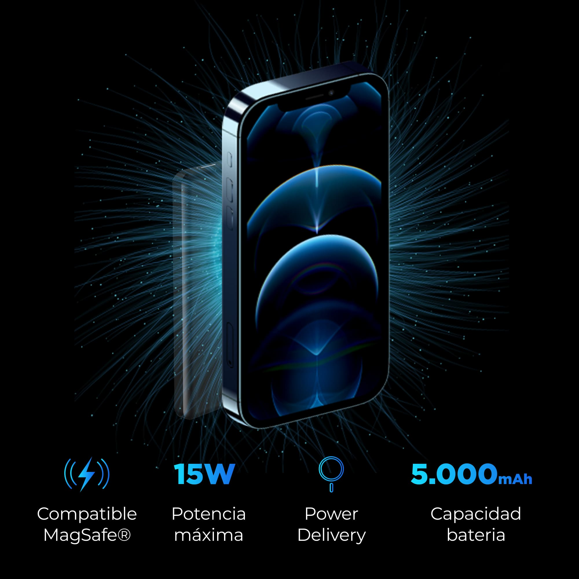 Teléfono negro con pantalla azul, junto a cargador inalámbrico. 15W potencia máxima.