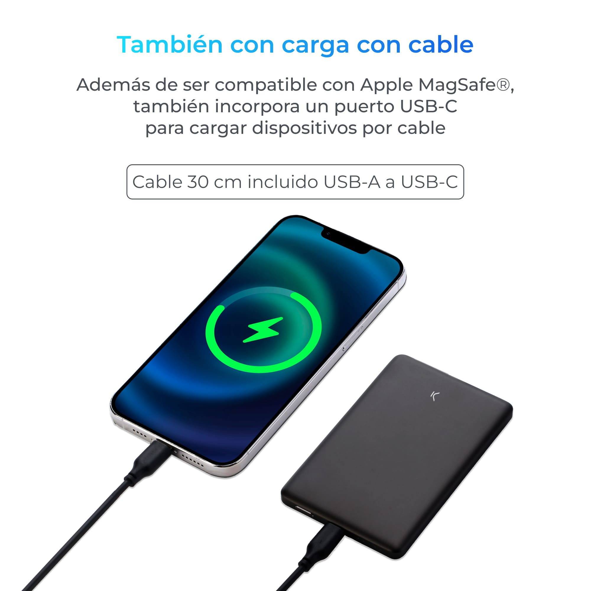 Teléfono cargando con cable USB-C a un banco de energía. Texto sobre compatibilidad.