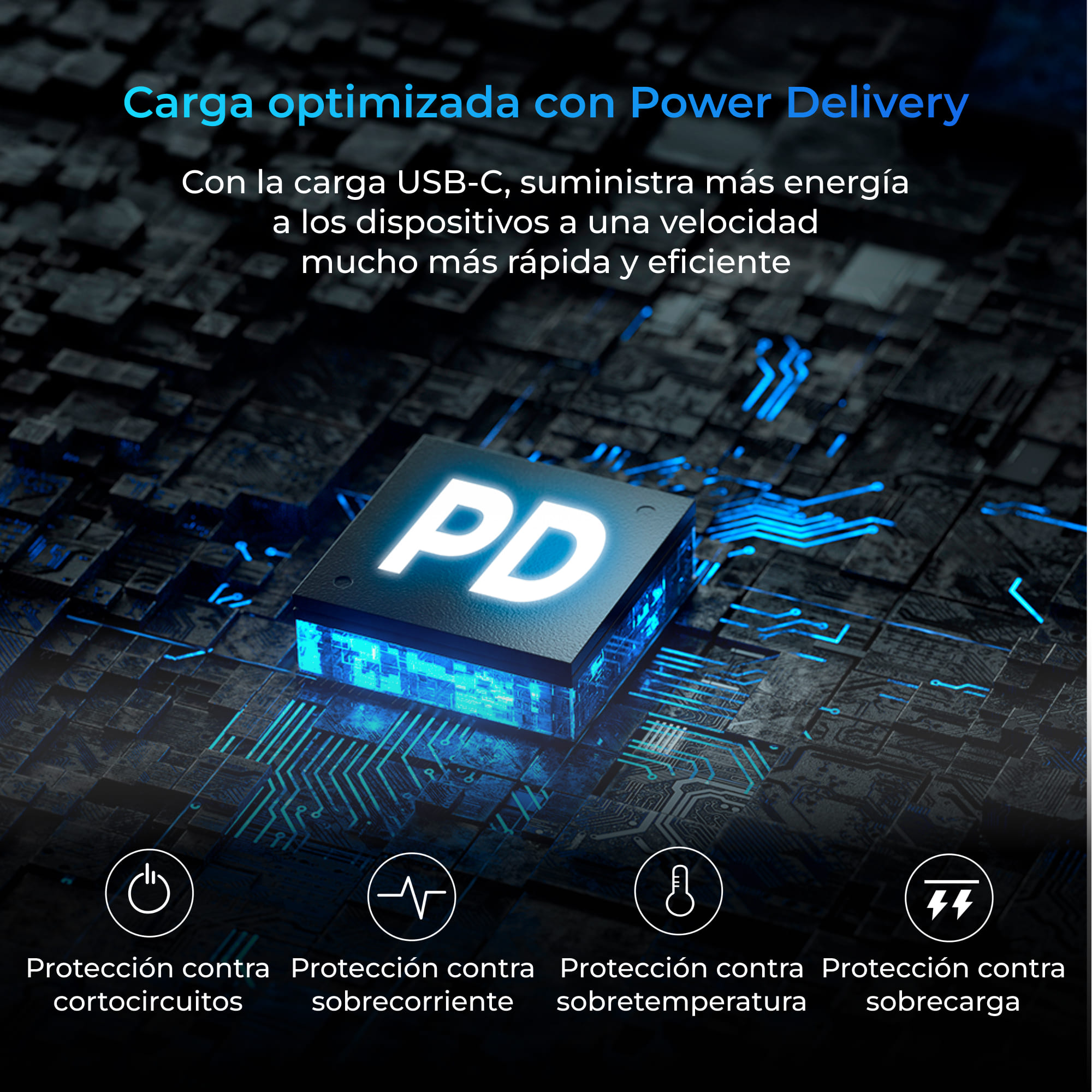 Imagen que ilustra la carga optimizada con Power Delivery, con texto e iconos.