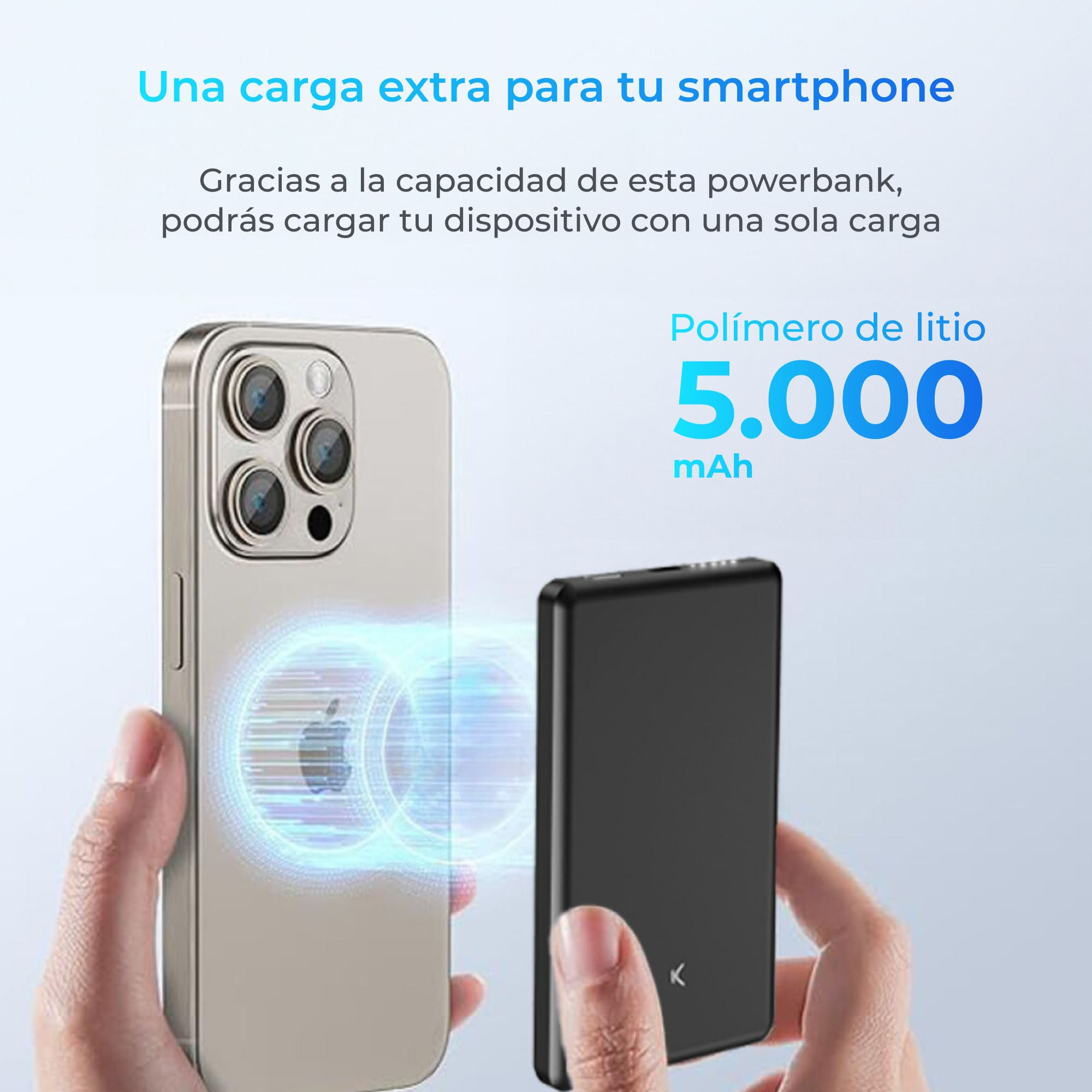Un teléfono junto a un banco de energía negro. El texto indica que el banco de energía ofrece 5.000 mAh de carga extra.