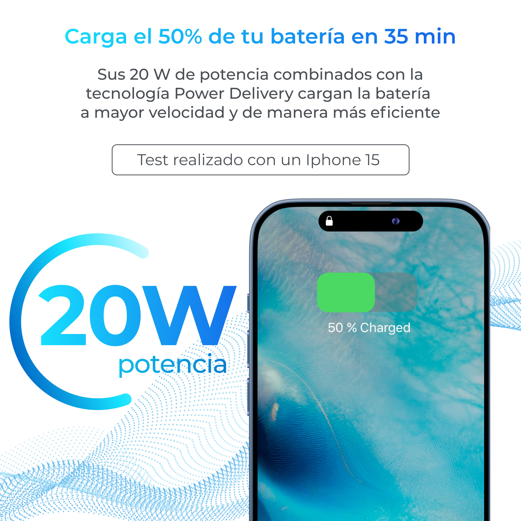 Un iPhone cargando con 20W de potencia, con un gráfico que muestra el progreso de carga.