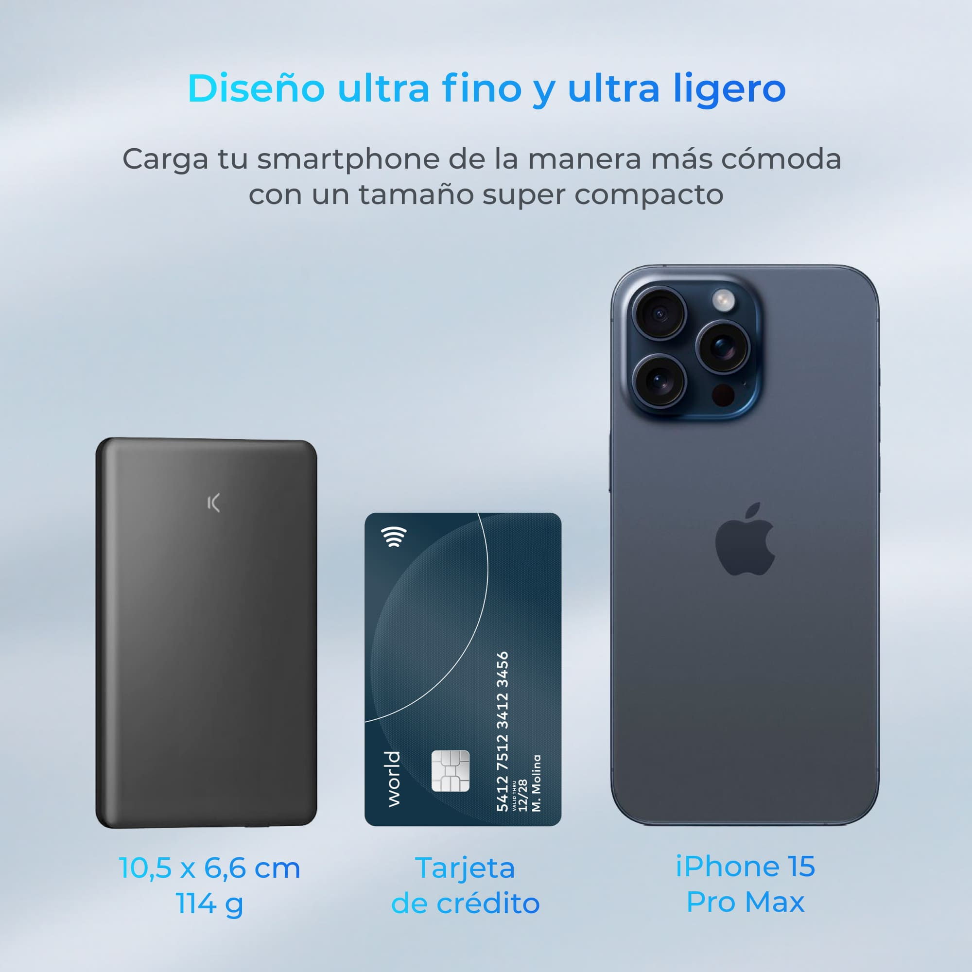 Un teléfono, tarjeta de crédito y un banco de energía, juntos. Fondo blanco.