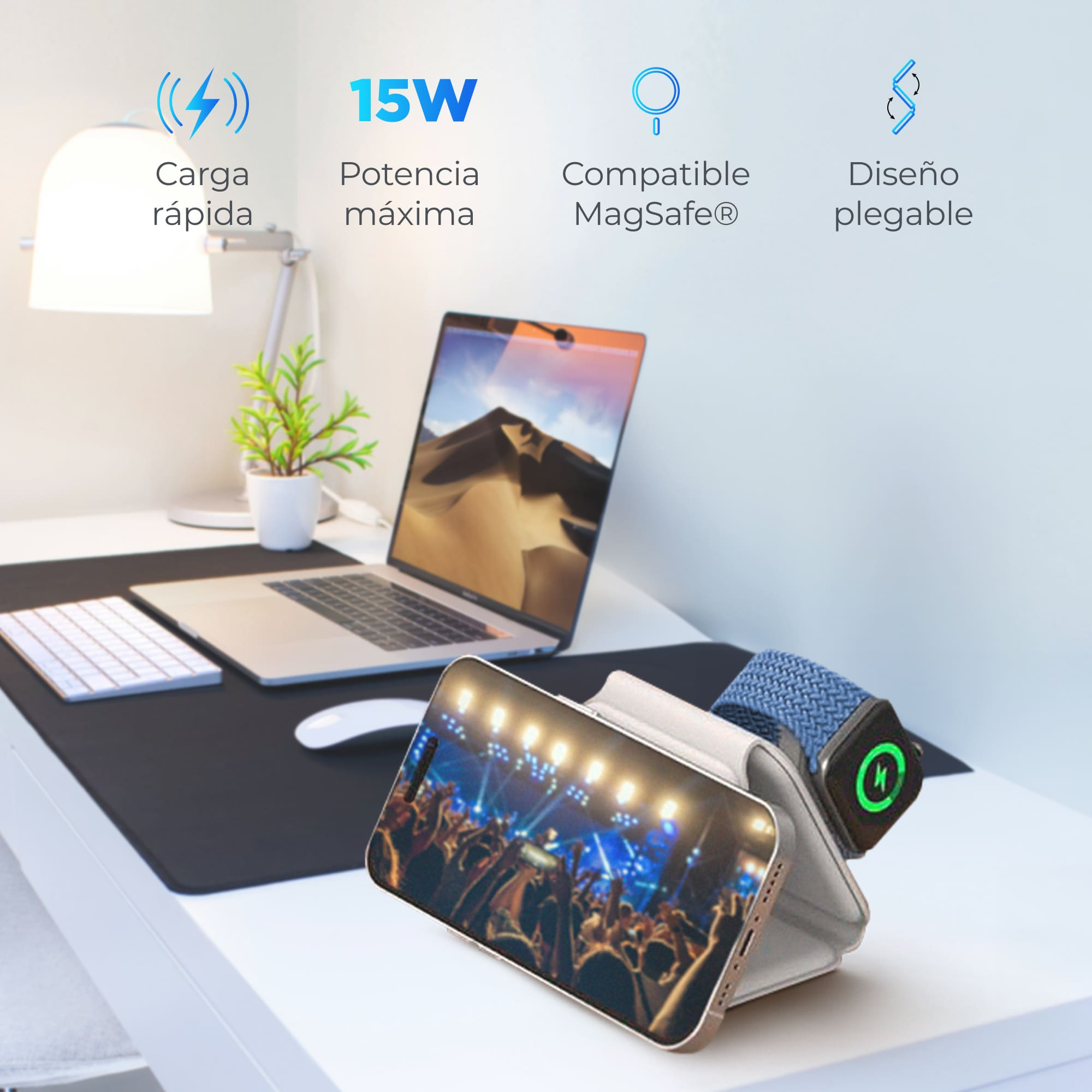 Estación de carga inalámbrica con teléfono, smartwatch y laptop en un escritorio, con texto.