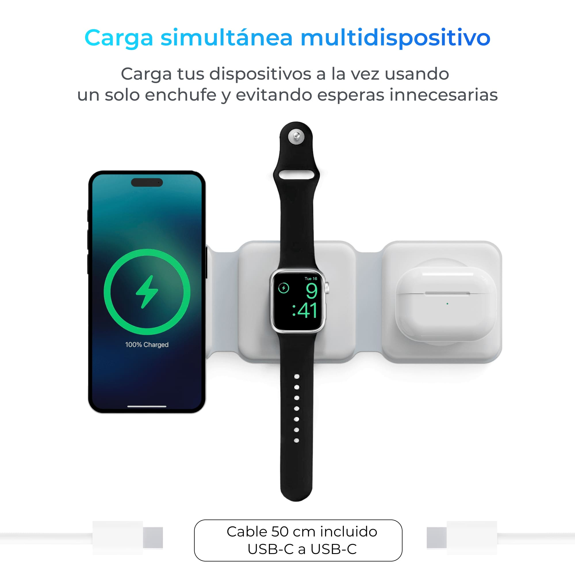 Una estación de carga cargando un teléfono, reloj y auriculares, con un cable USB.