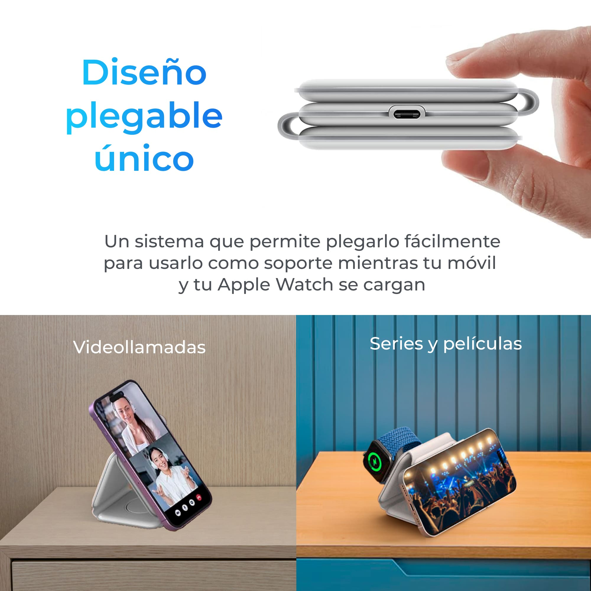 Soporte de teléfono plegable mostrando dos teléfonos. Uno muestra videollamada, otro película.