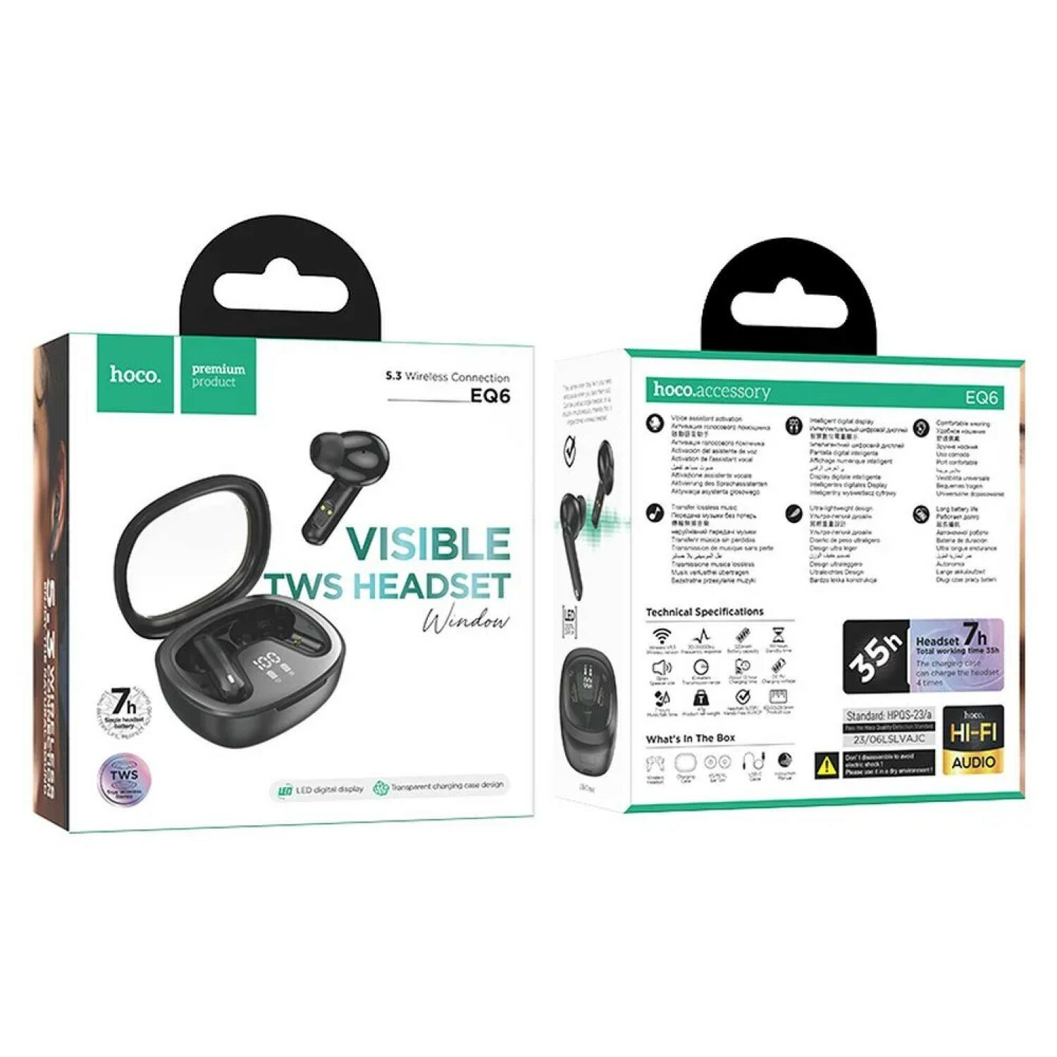 Kopfhörerbox mit Text und Bildern. Zeigt Ohrhörer und Ladecase. Text: Visible TWS Headset Window.