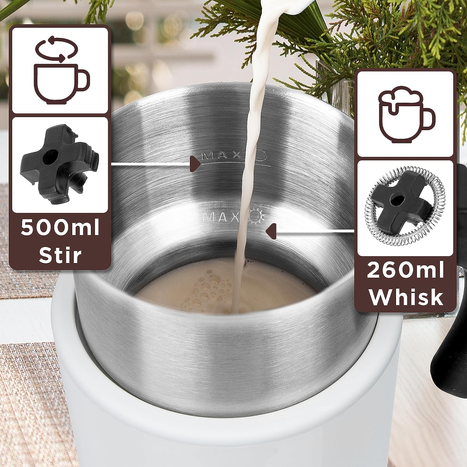 Ein Milchaufschäumer. Es hat einen Behälter mit einer milchähnlichen Flüssigkeit. Symbole und Maße sind vorhanden.