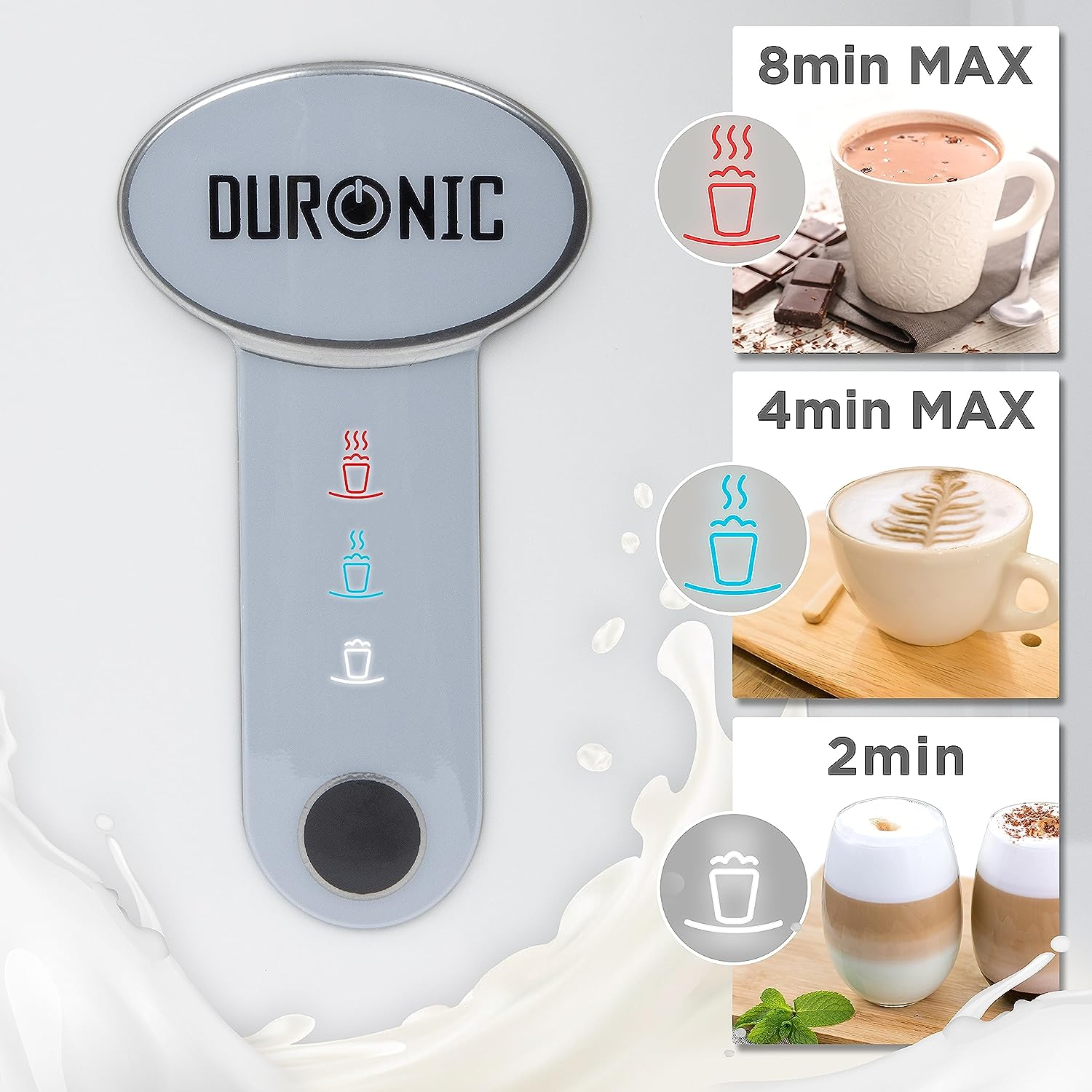 Ein graues Duronic-Gerät mit Knöpfen und Milchspritzer. Bilder zeigen Kaffeezubereitungszeiten.