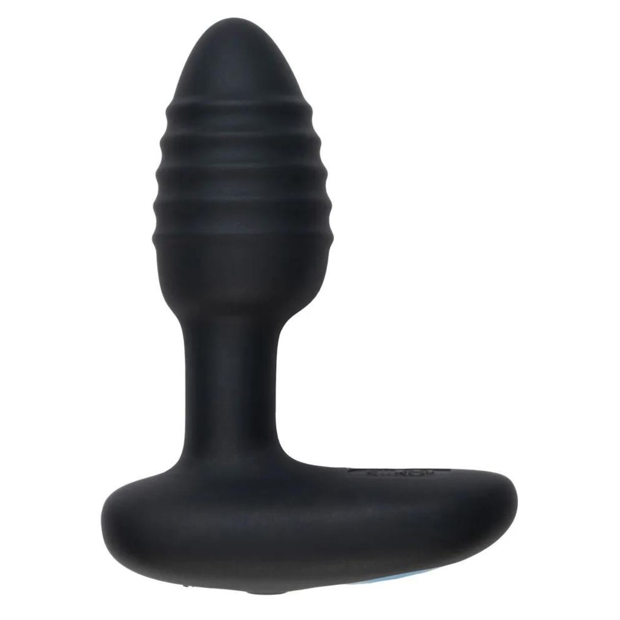 Czarna zabawka erotyczna z pękatą główką i zakrzywioną podstawą. Ma żebrowaną fakturę na korpusie.