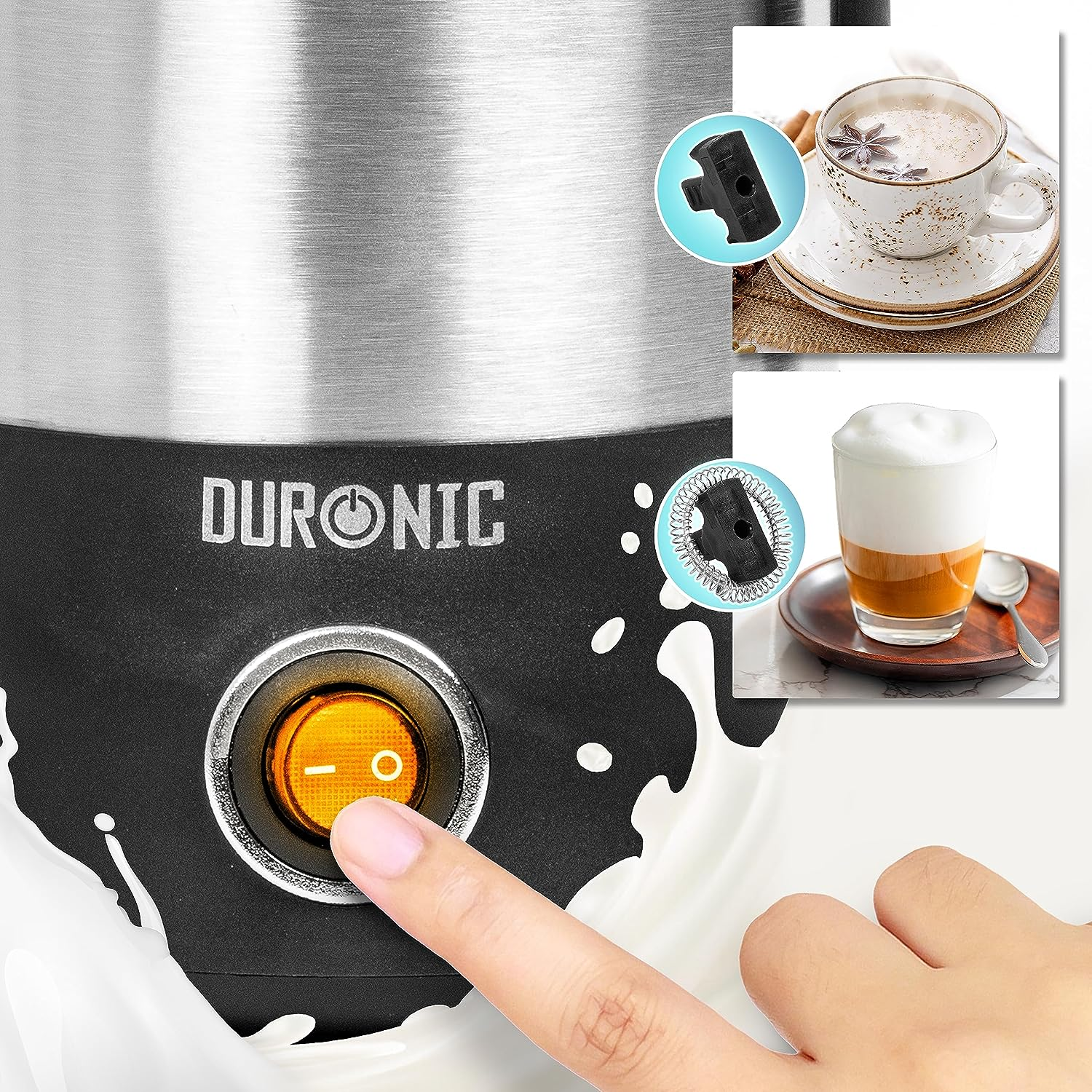 Finger drückt orangefarbene Taste an Milchaufschäumer, Kaffeetasse daneben.
