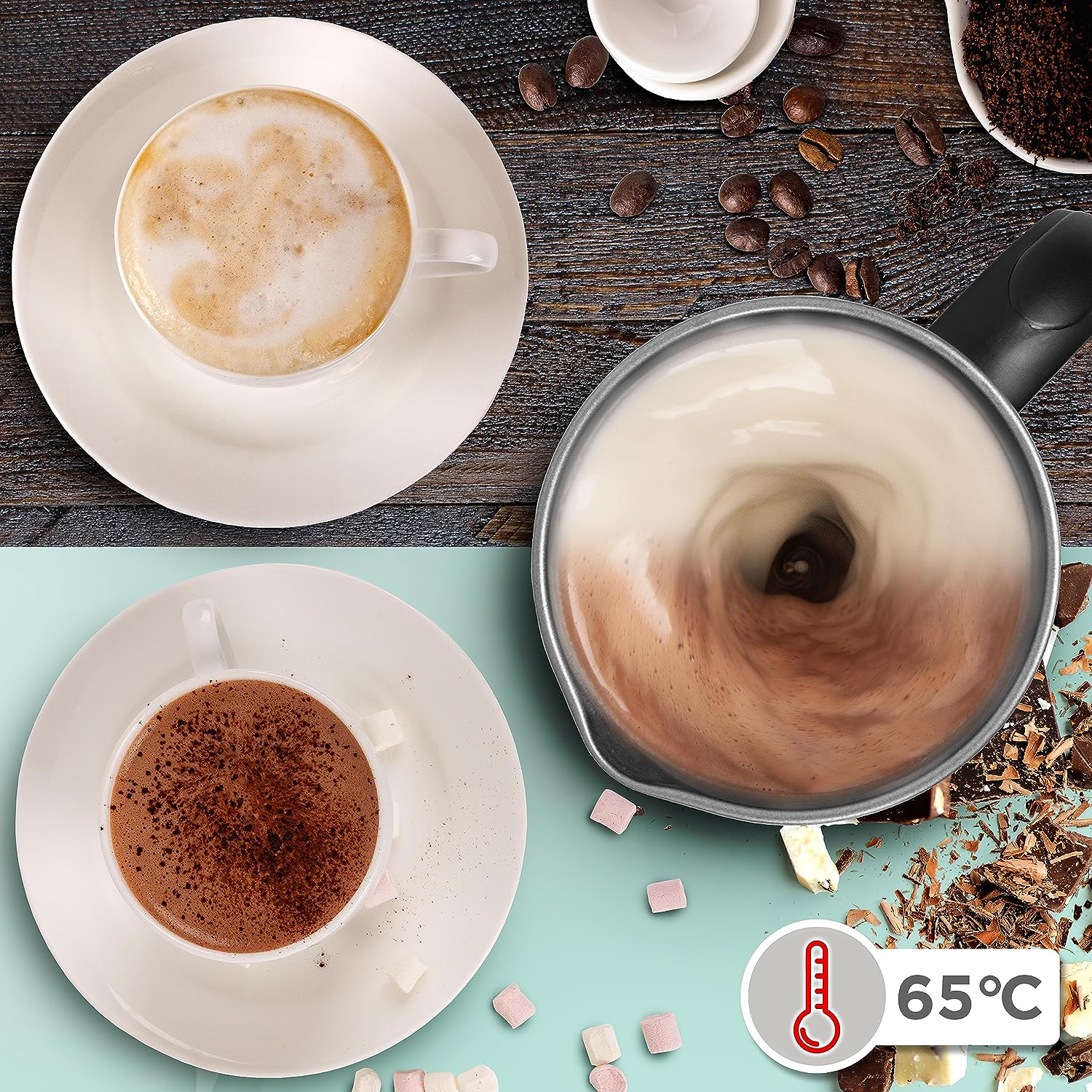 Kaffeezubereitung. Eine Tasse Kaffee, eine Tasse heiße Schokolade und eine Aufschäummaschine.