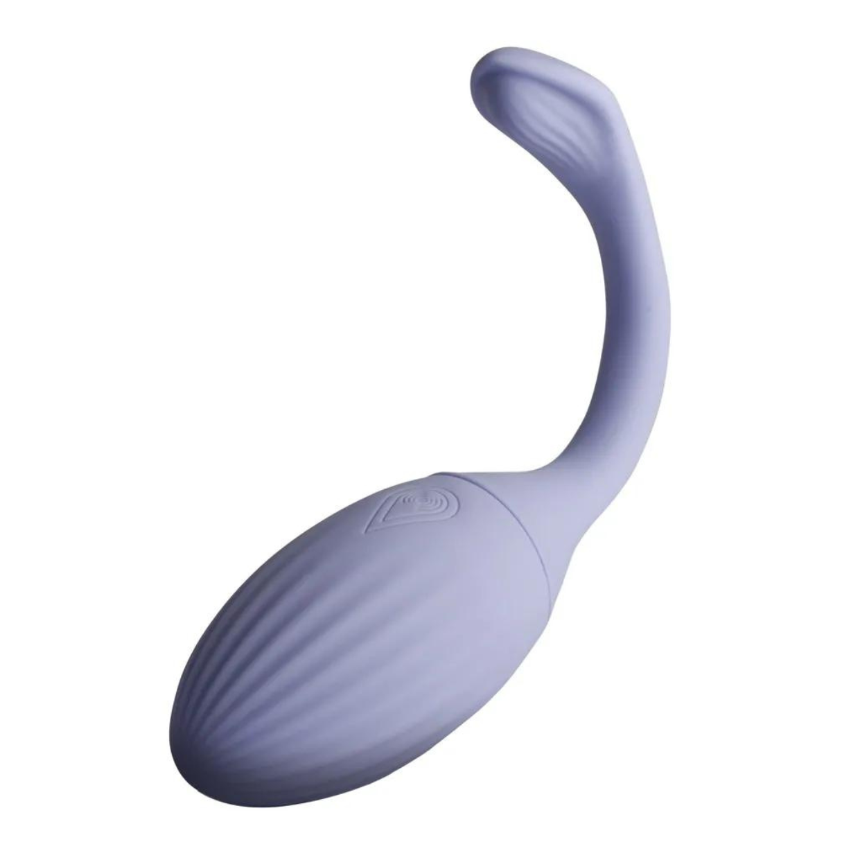 Lilafarbener Vibrator in geschwungener Form. Weißer Hintergrund.
