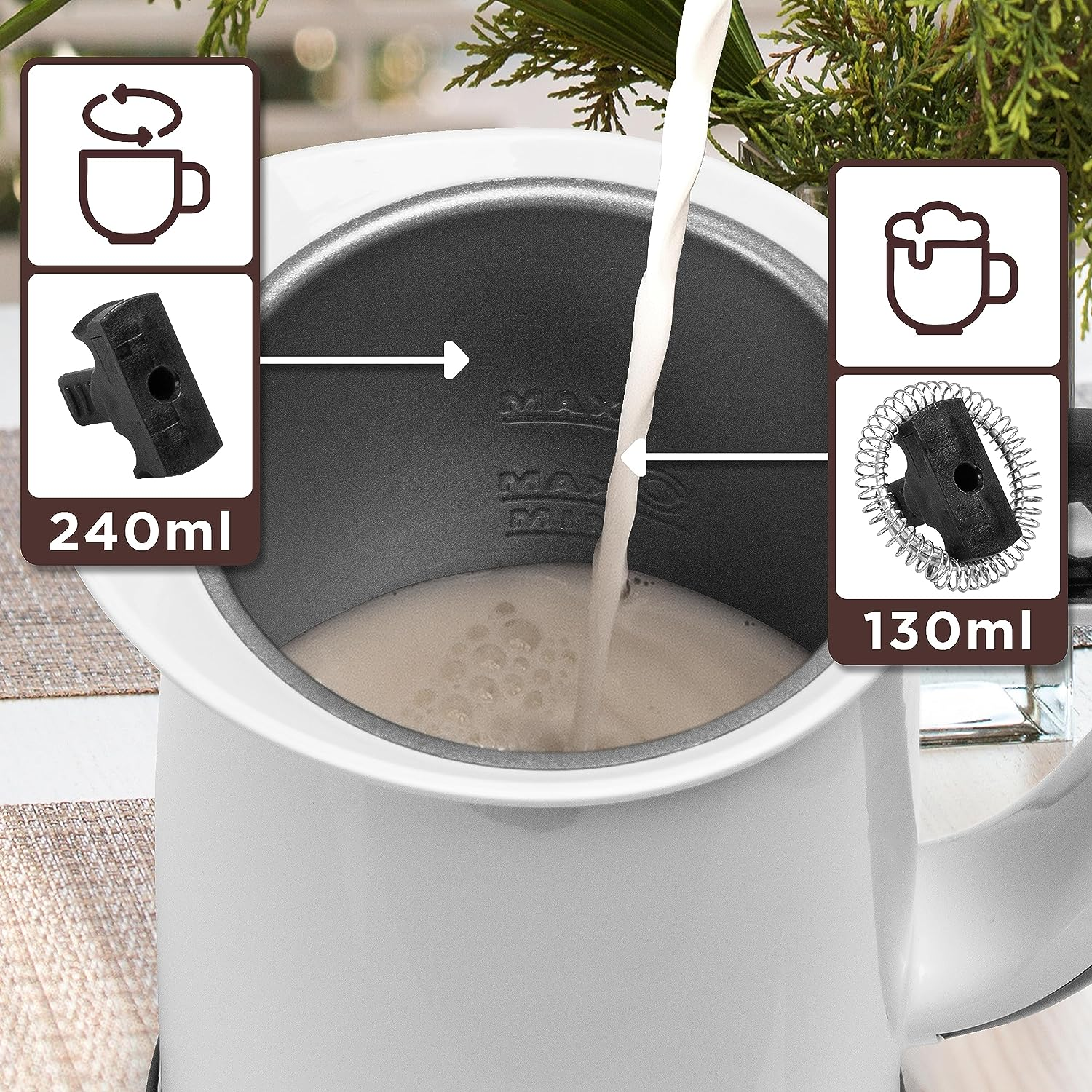 Weißer Milchaufschäumer. Milch wird in den Behälter gegossen. Symbole und Maße an der Seite.