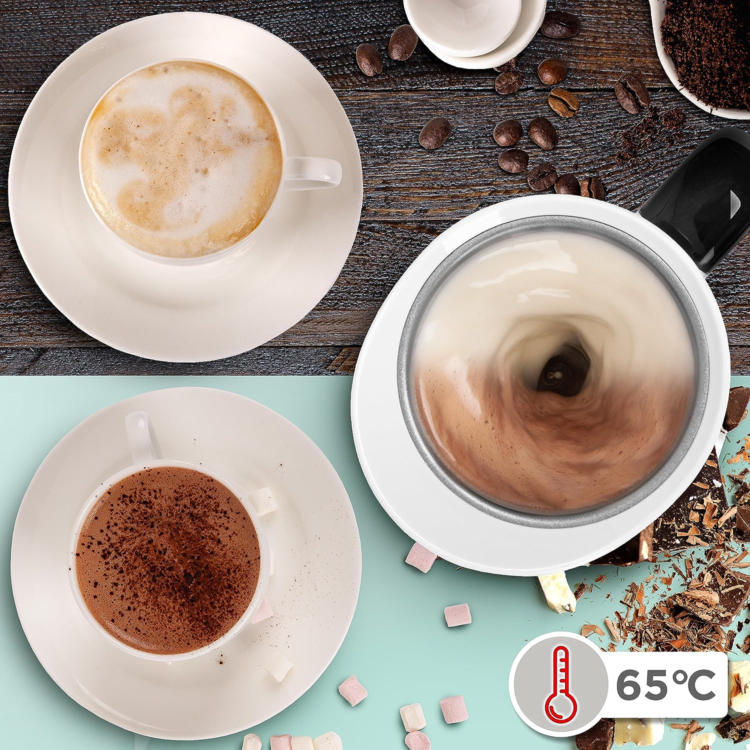 Zwei Tassen Kaffee und ein Aufschäumgerät. Es gibt Marshmallows und Schokoladenraspel.