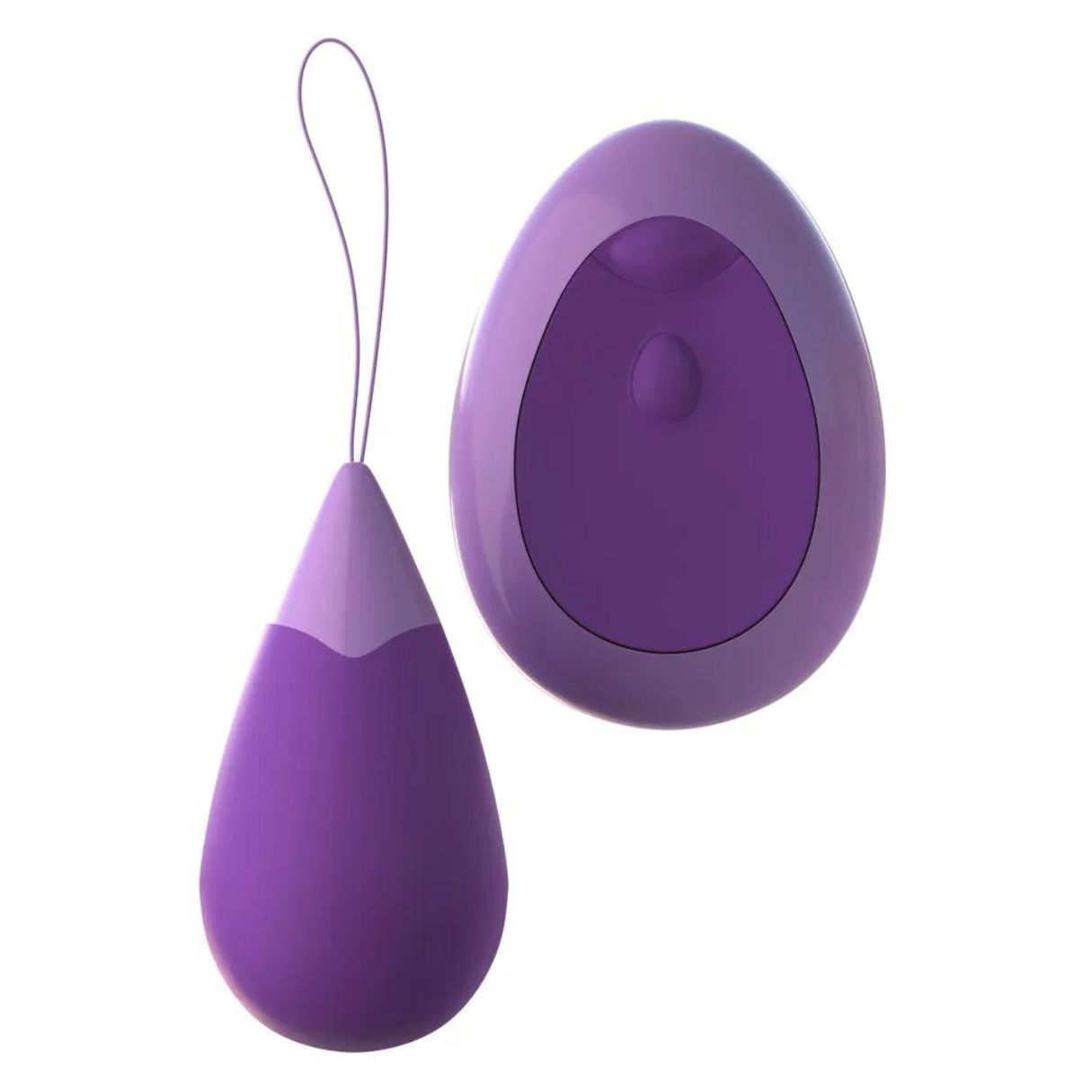 Zwei lilafarbene Sexspielzeuge, eines tropfenförmig und das andere oval. Sie befinden sich auf einer weißen Oberfläche.