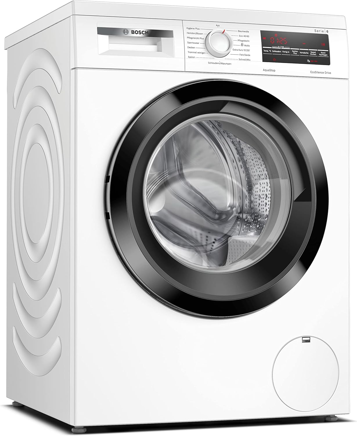 Weiße Bosch Waschmaschine. Vorderansicht mit schwarzer Tür, Digitalanzeige und Bedienfeld.