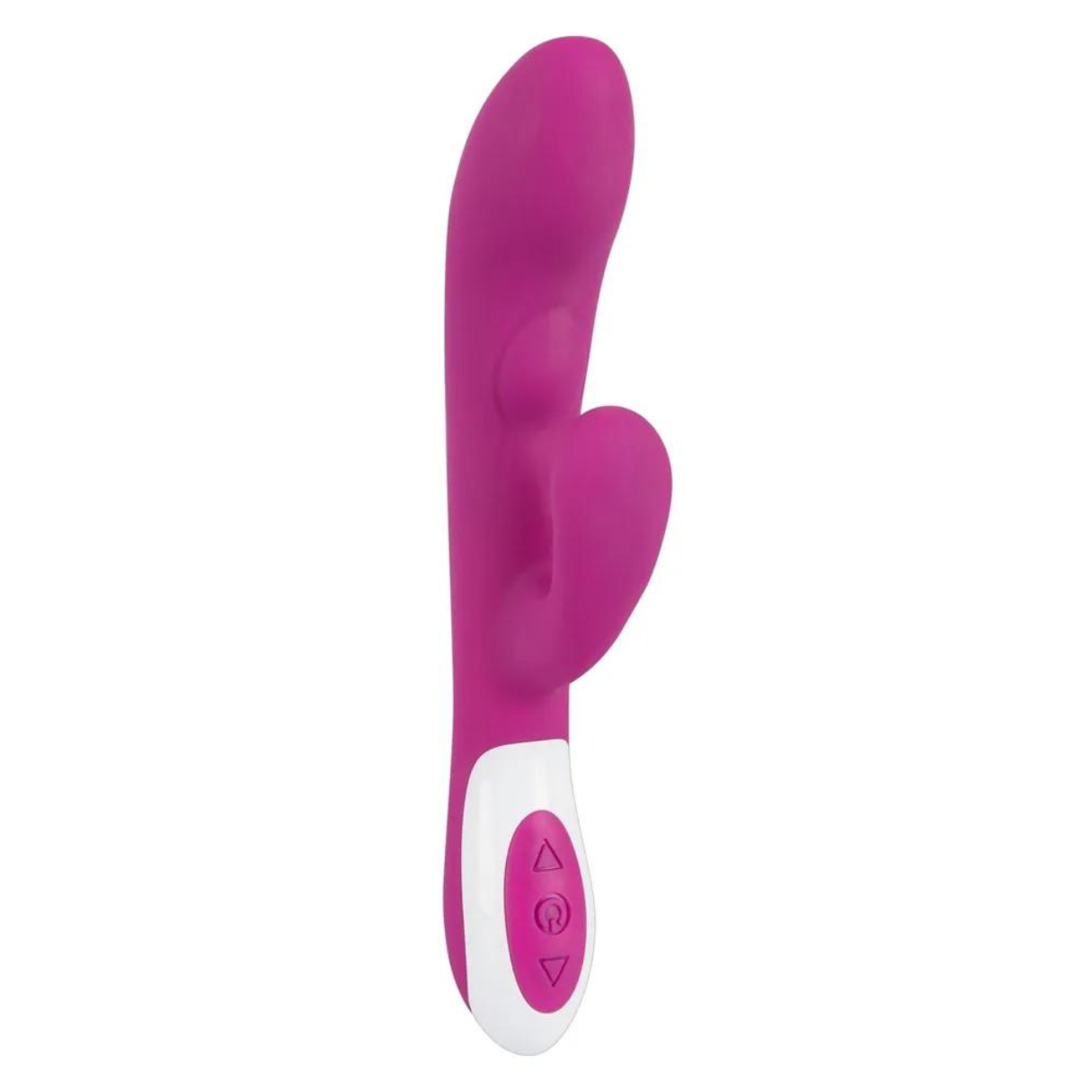Ein pinkfarbener Vibrator mit weißer Basis und Knöpfen. Er wird vor weißem Hintergrund gezeigt.