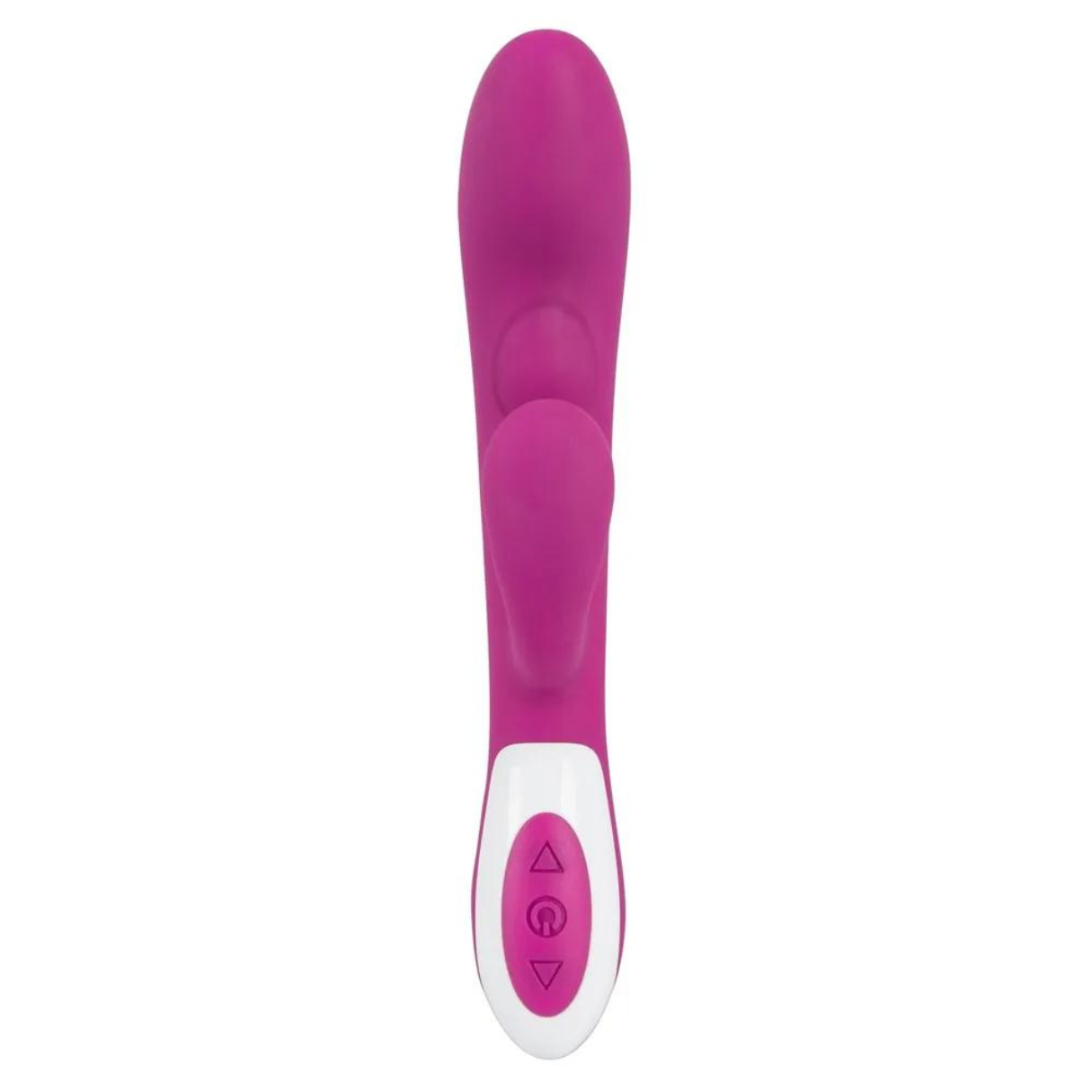 Rosa Vibrator mit drei Knöpfen. Weiße Basis, glatte Textur, vertikale Form.