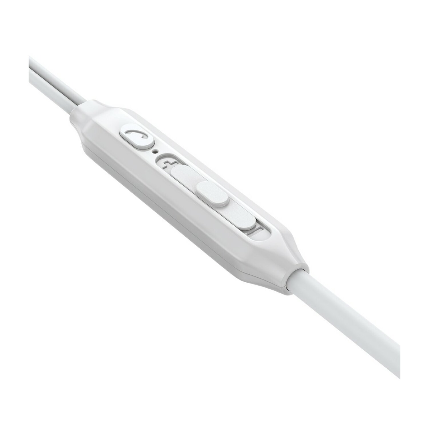 Biała kontrola słuchawek dousznych z trzema przyciskami. Widoczny jest również biały przewód słuchawkowy.