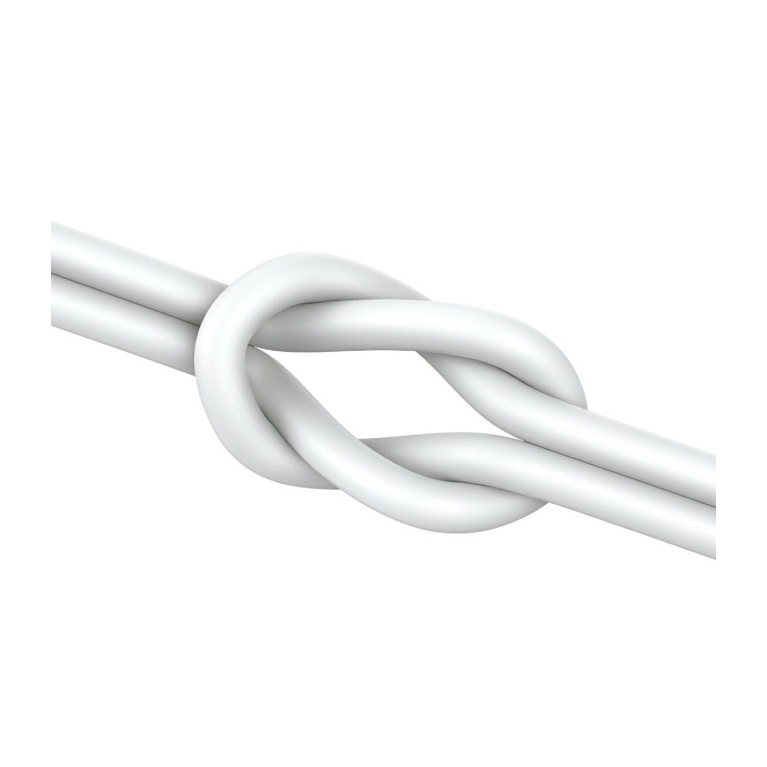 Dwa białe kable związane w węzeł. Kable są na białym tle. Ujęcie z bliska.