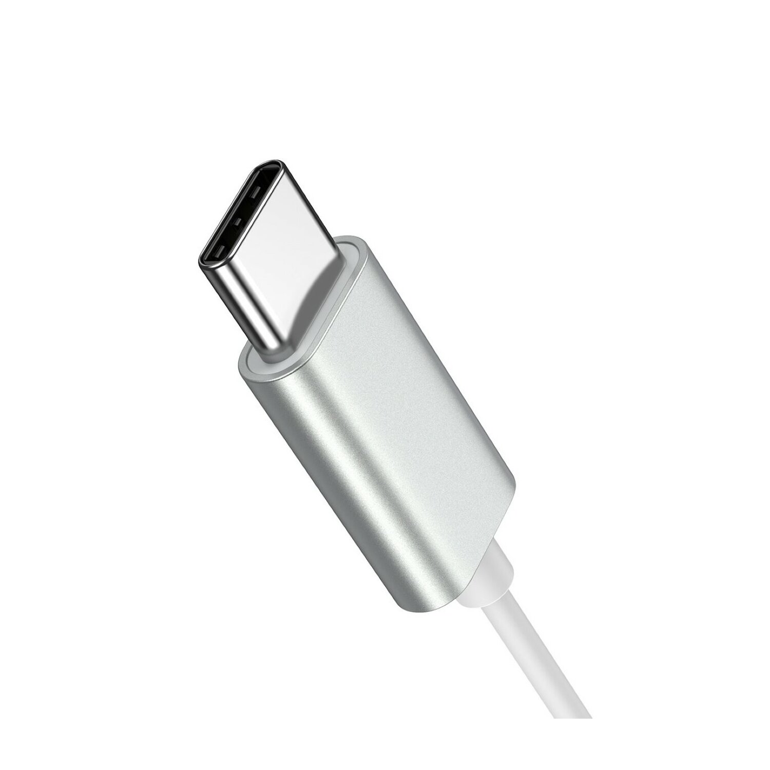 Srebrny kabel z wtyczką USB-C. Wtyczka jest blisko i pod kątem.