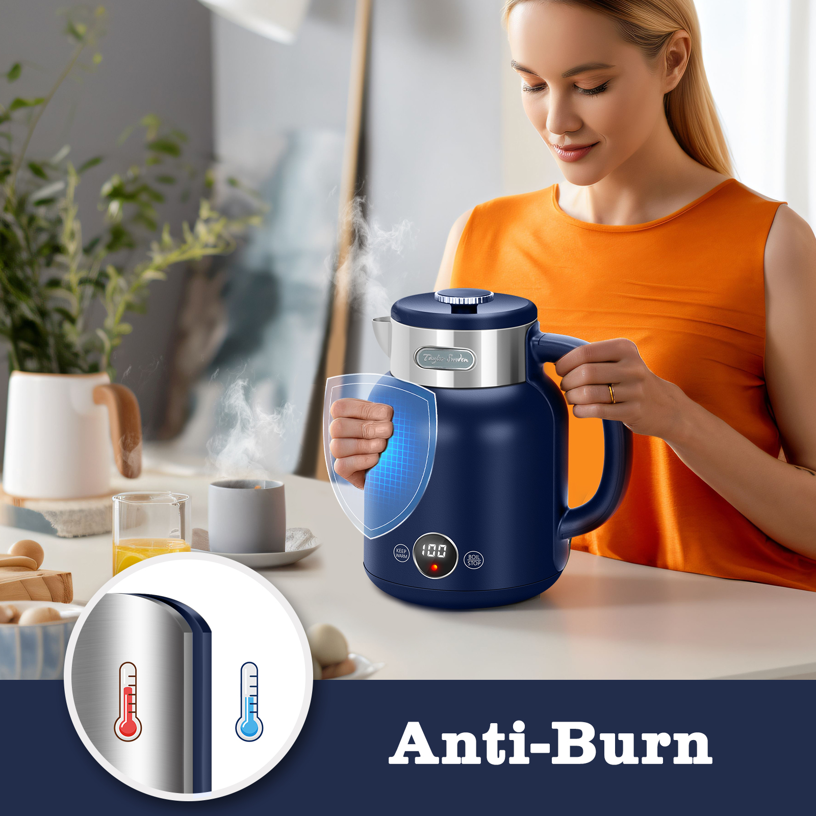 Mujer junto a una tetera azul. Gráfico de escudo y visualización de temperatura, cerca de taza de café y huevos.