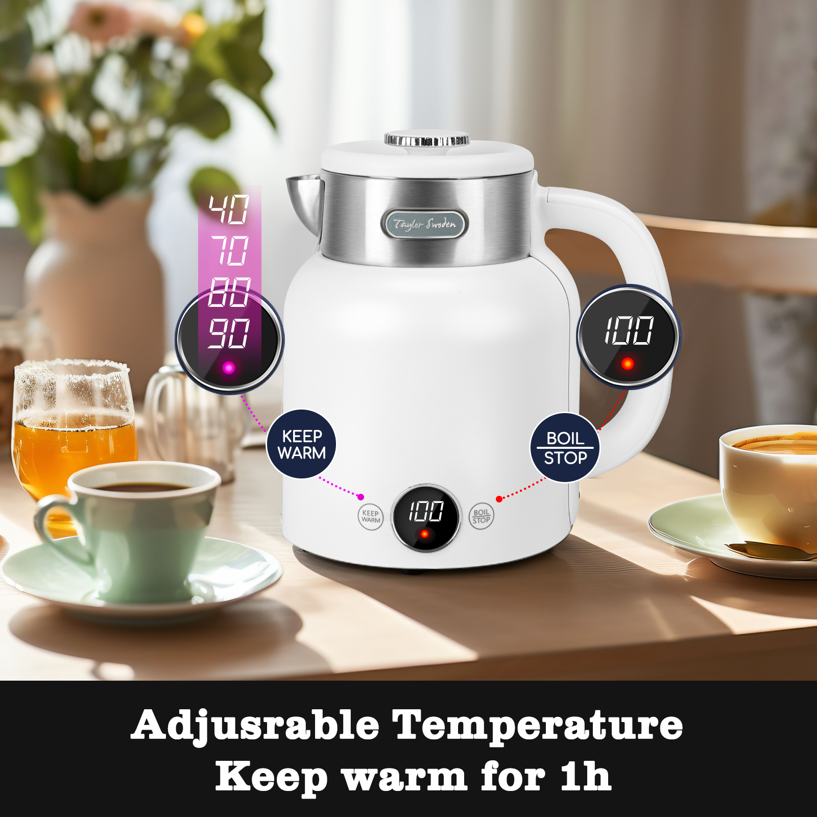 Hervidor eléctrico blanco con pantalla de temperatura digital. Dos tazas y un vaso de zumo en la mesa.