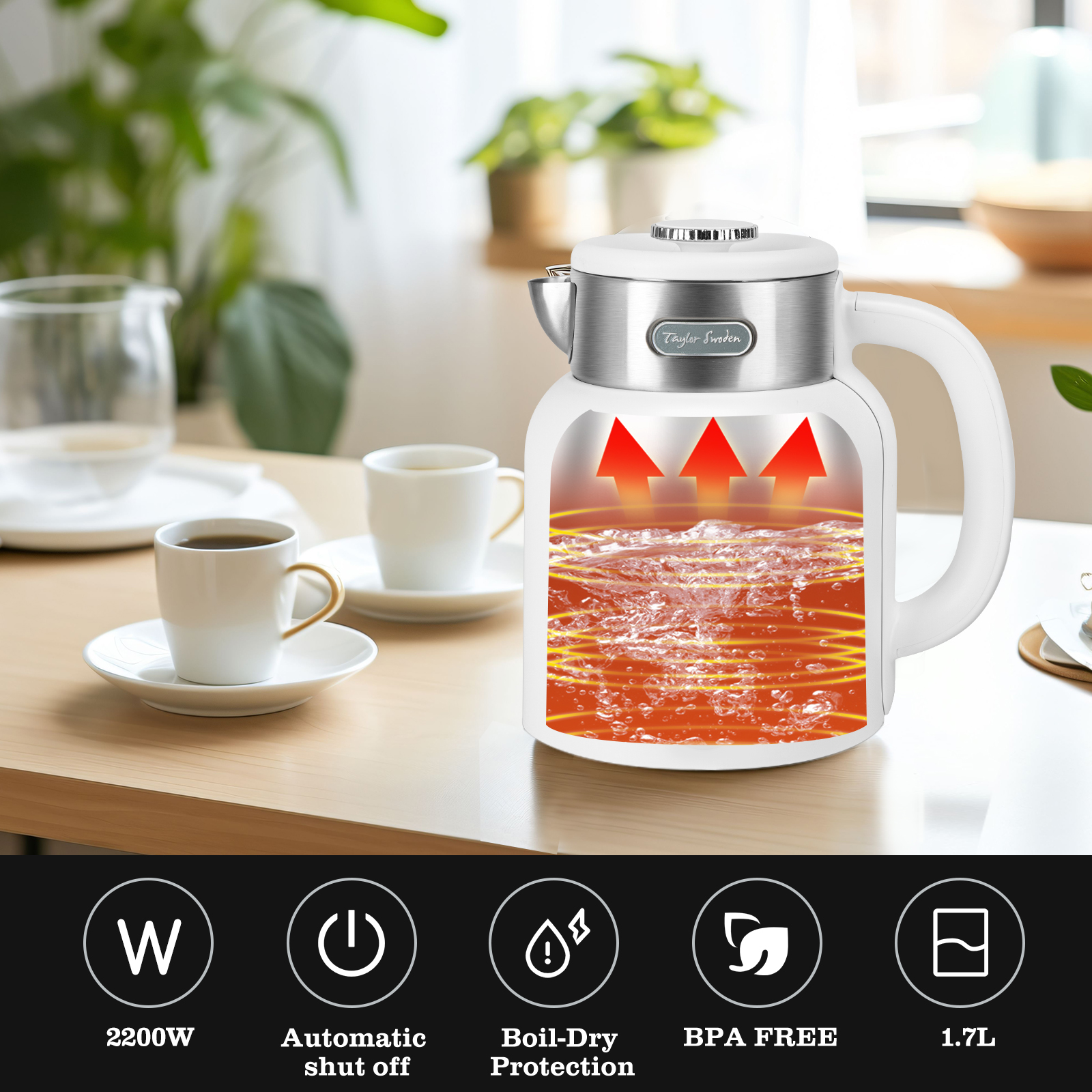 Hervidor eléctrico blanco con tapa plateada. Flechas muestran agua hirviendo dentro.