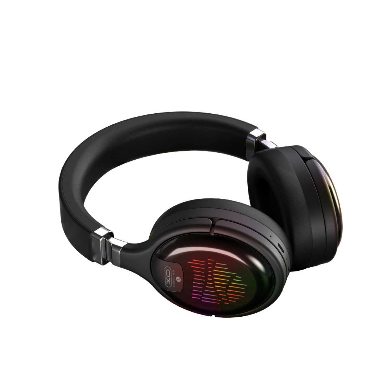 Schwarze kabellose Kopfhörer mit RGB-Beleuchtung. Weißer Hintergrund. Over-Ear-Design.