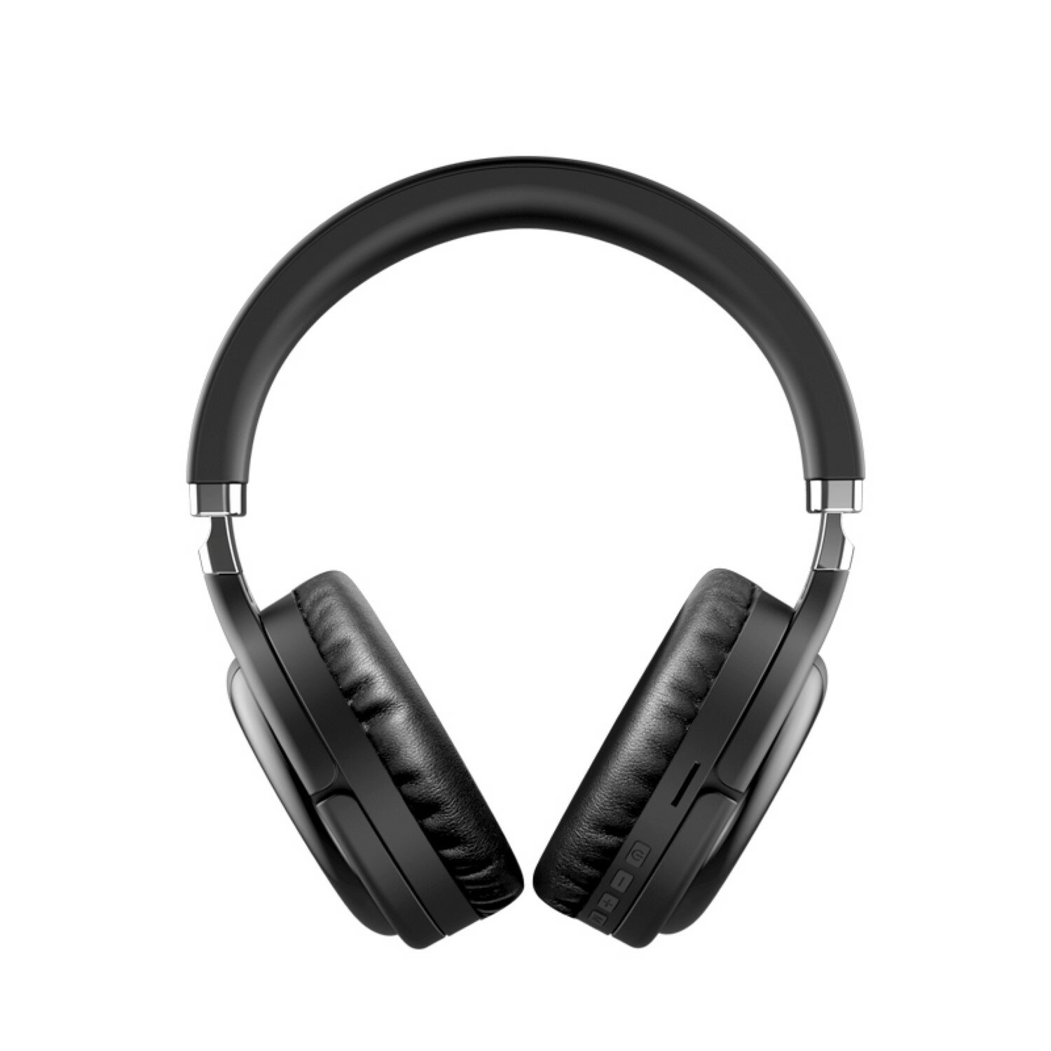 Schwarze Over-Ear-Kopfhörer auf weißem Hintergrund. Die Kopfhörer sind nach oben gerichtet.