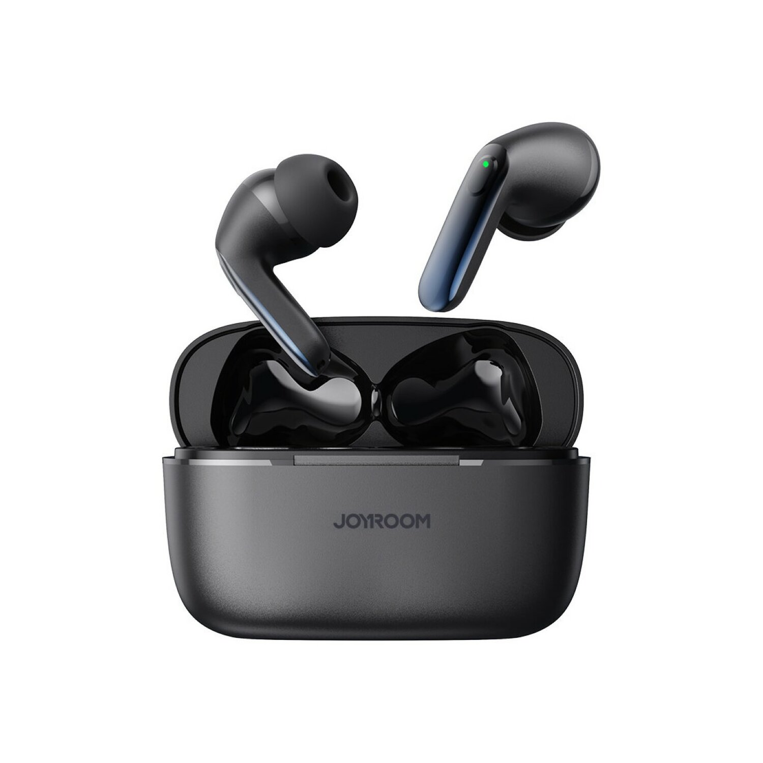 Czarne bezprzewodowe słuchawki douszne w etui ładującym, w szarej i czarnej kolorystyce.