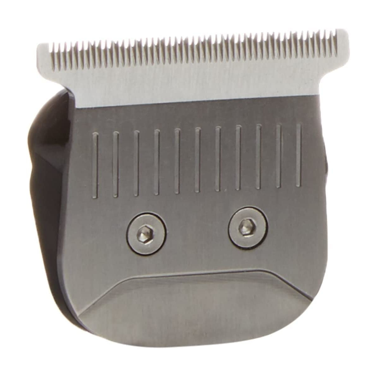 Nahaufnahme einer Metall-Haarschneidemaschinenklinge. Glänzende Silberfarbe mit zwei Schrauben sichtbar.