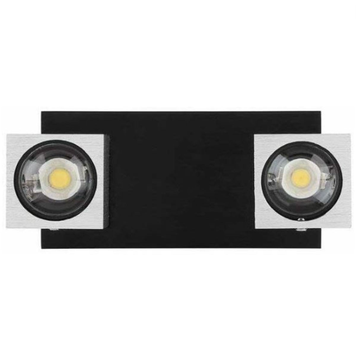 Eine schwarze rechteckige Wandleuchte mit zwei silbernen, runden LED-Leuchten auf weißem Hintergrund.