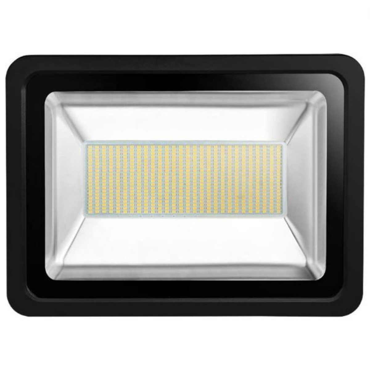 Ein schwarzer rechteckiger LED-Flutlichtstrahler. Es hat einen weißen Innenraum und einen schwarzen Rahmen.