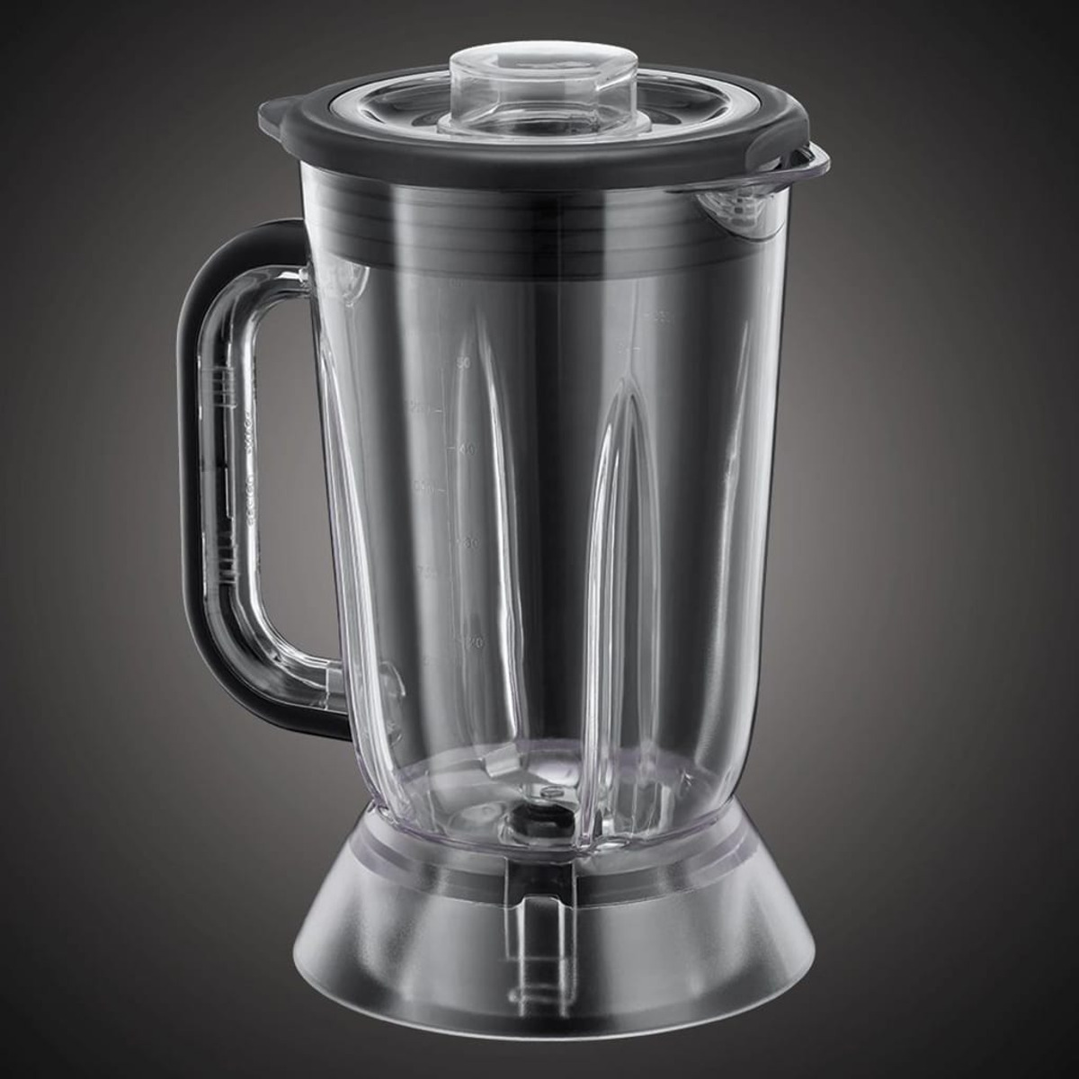 Transparenter Mixbehälter mit schwarzem Deckel und Griff.