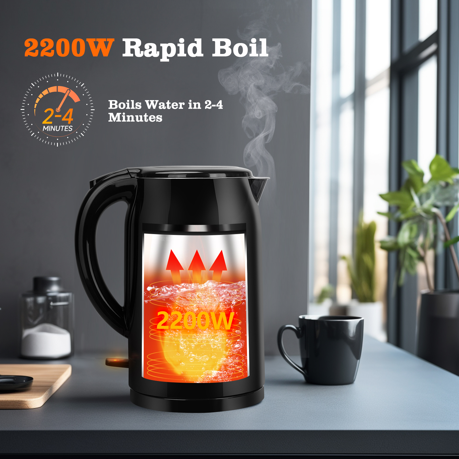 Una tetera negra con una ventana transparente que muestra agua hirviendo. El texto dice '2200W Rapid Boil'.