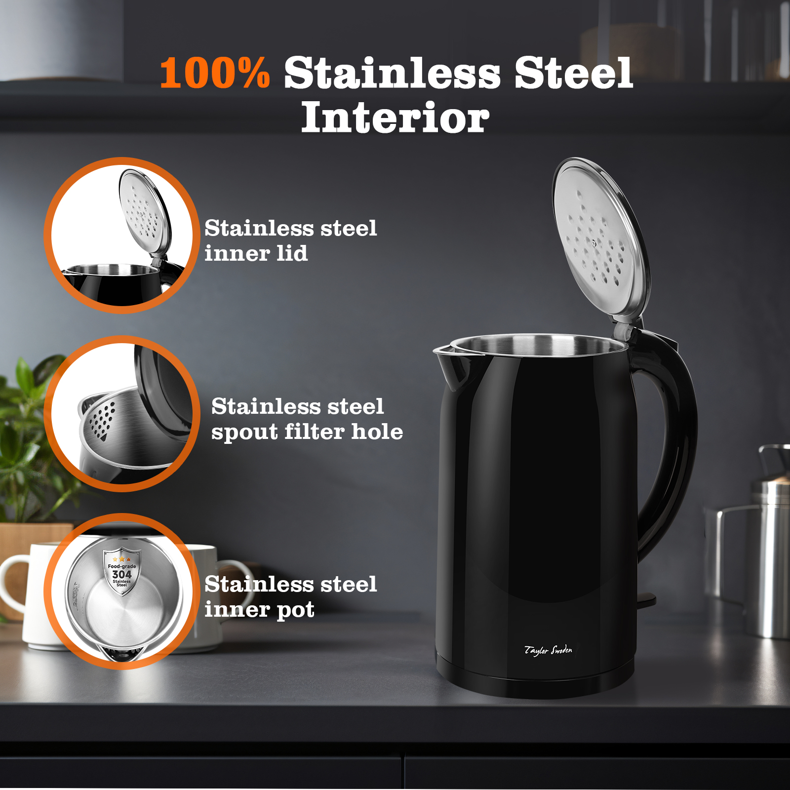 Hervidor eléctrico negro, interior de acero inoxidable con tapa, boquilla y detalles del recipiente.