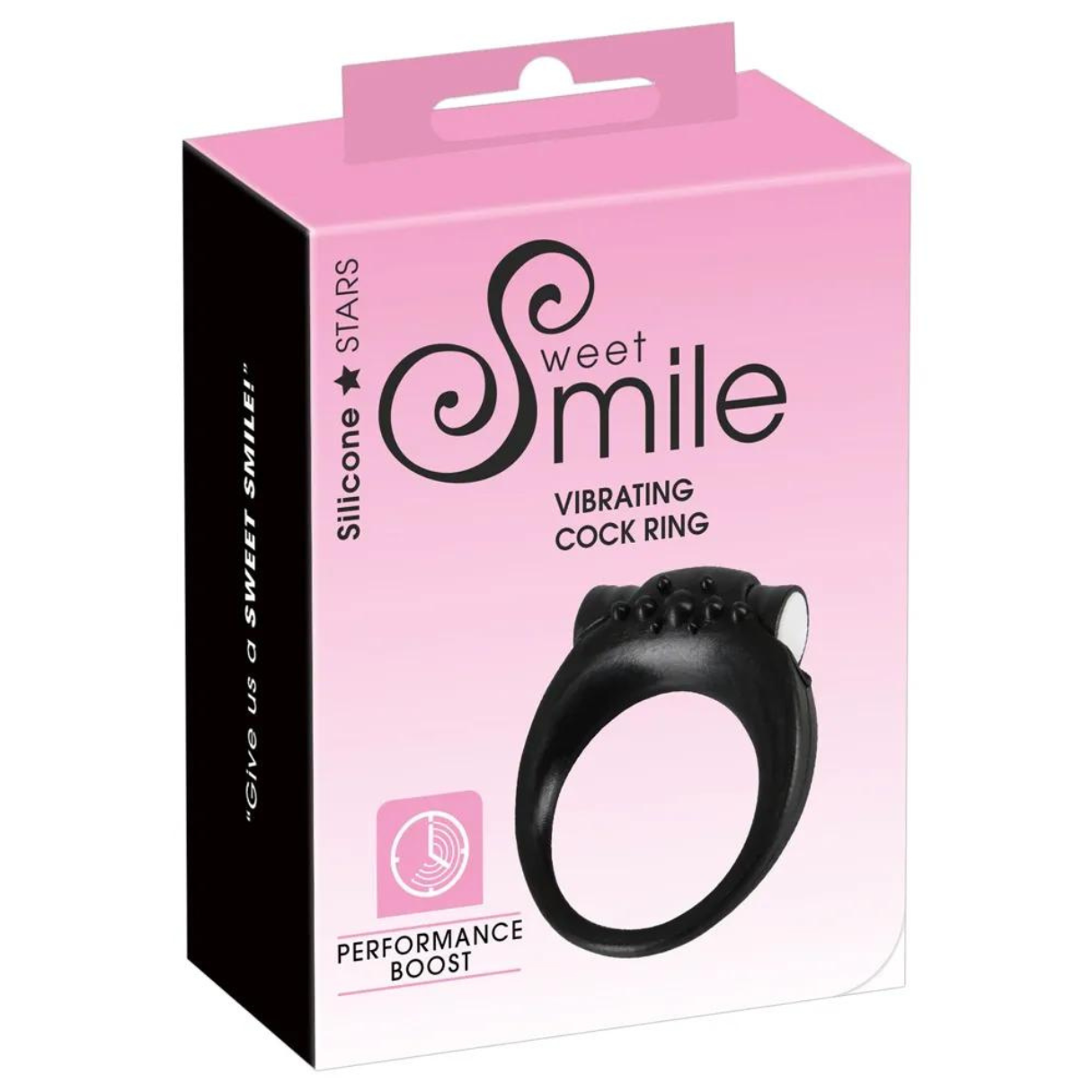 Schwarzer Vibrations-Cockring in rosa Box mit 'Sweet Smile' Branding und Produktinfo.