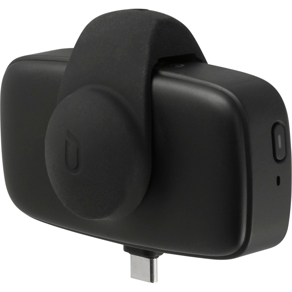 Schwarzes kameraähnliches Gerät mit gewölbter Oberseite und USB-C-Anschluss unten.