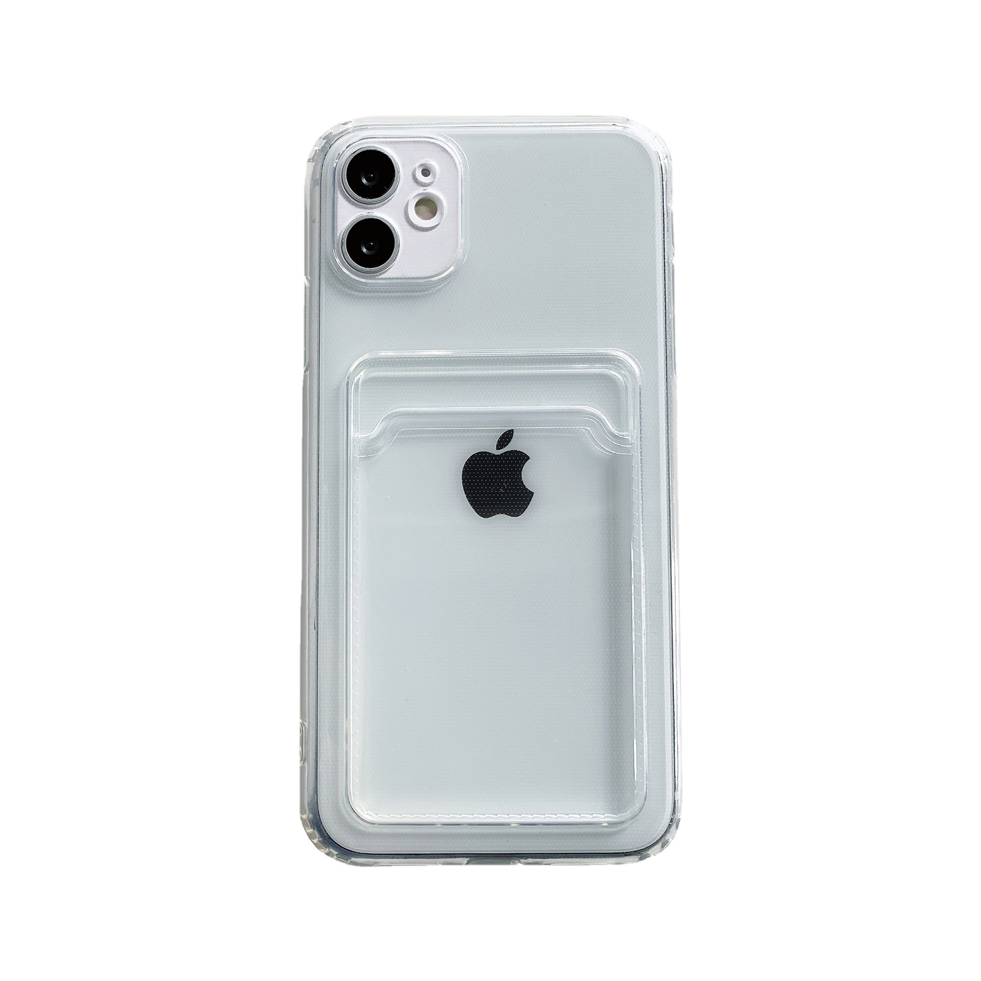 Transparente Handyhülle mit Kartenfach und schwarzem Apple-Logo auf der Rückseite.