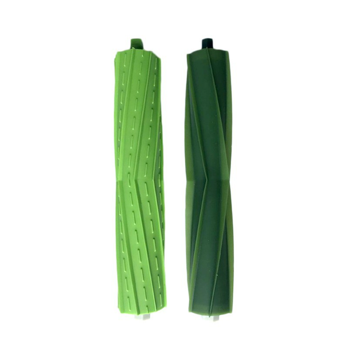 Dwie zielone szczotki do odkurzacza stoją pionowo na białym tle.